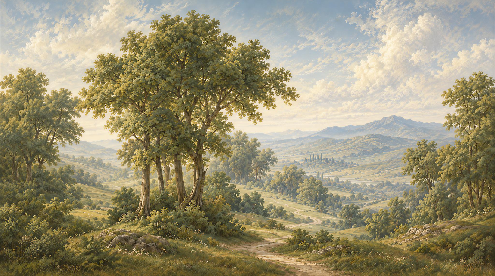 Green And Neutral A Painterly Scenic View Accent-wall-wallpaper-murals, Peel-and-stick Finish