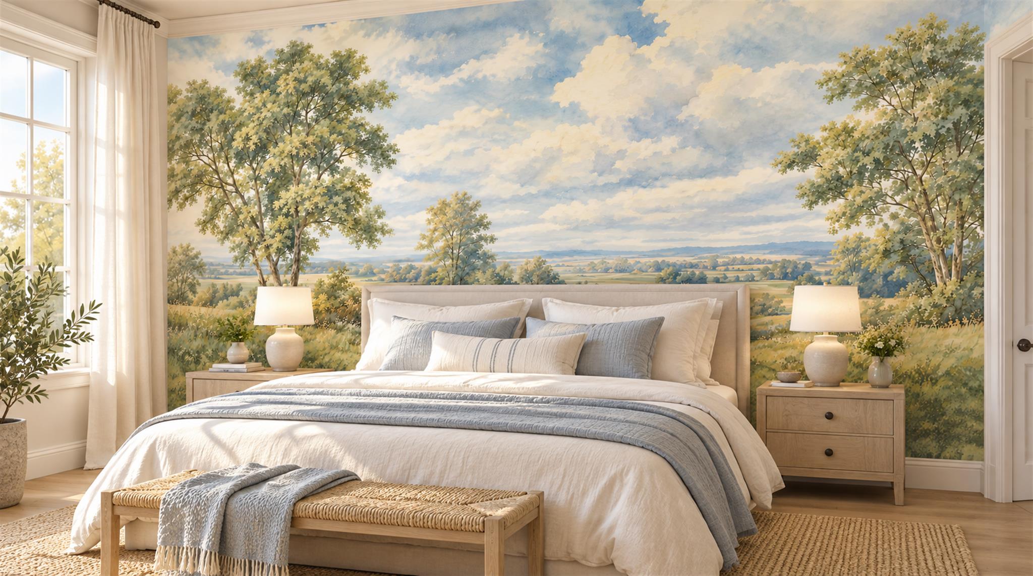 Blue And Neutral A Painterly Scenic View Bedroom-wallpaper-murals, Peel-and-stick Finish