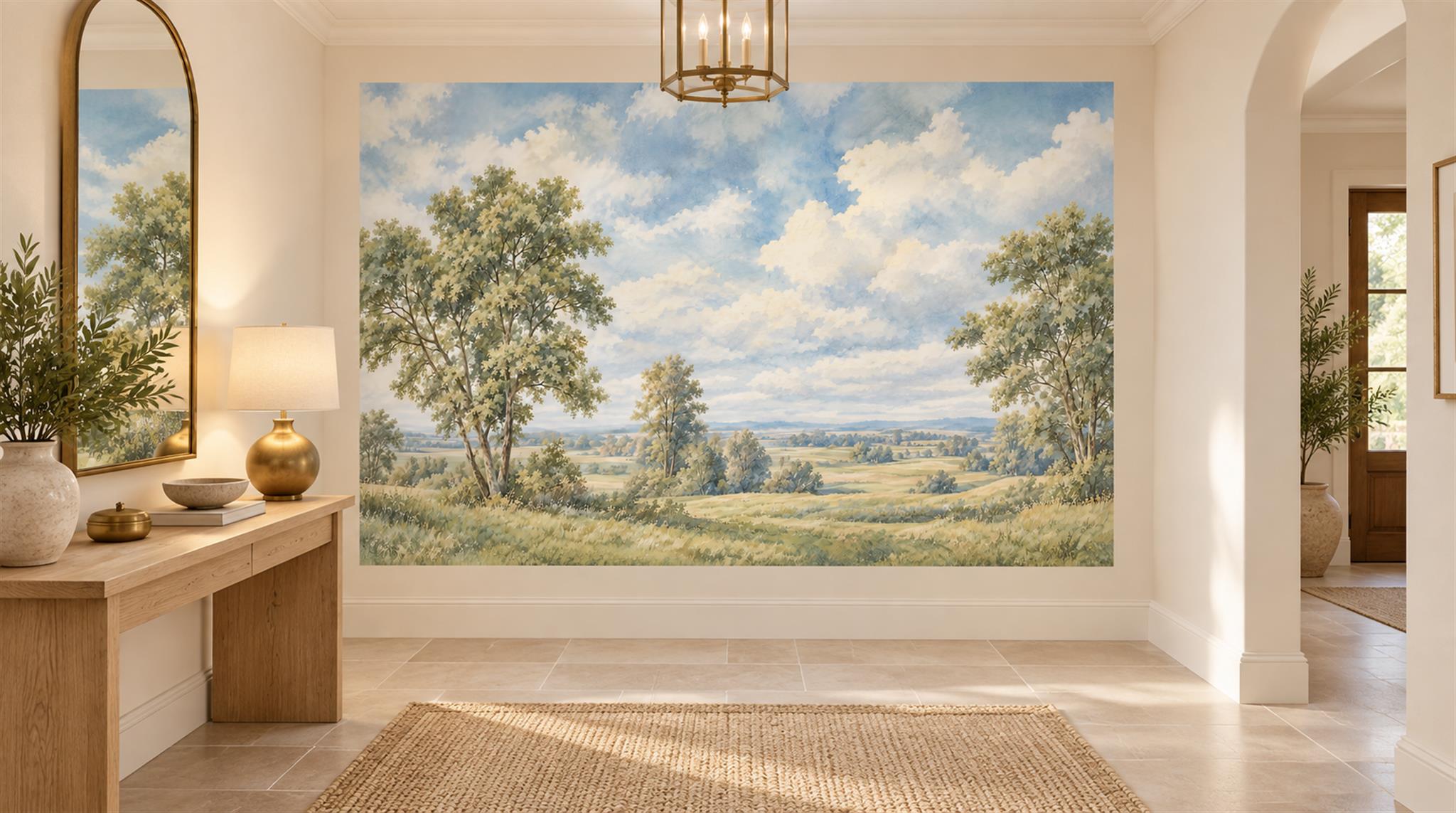Blue And Neutral A Painterly Scenic View Entryway-wallpaper-murals, Peel-and-stick Finish