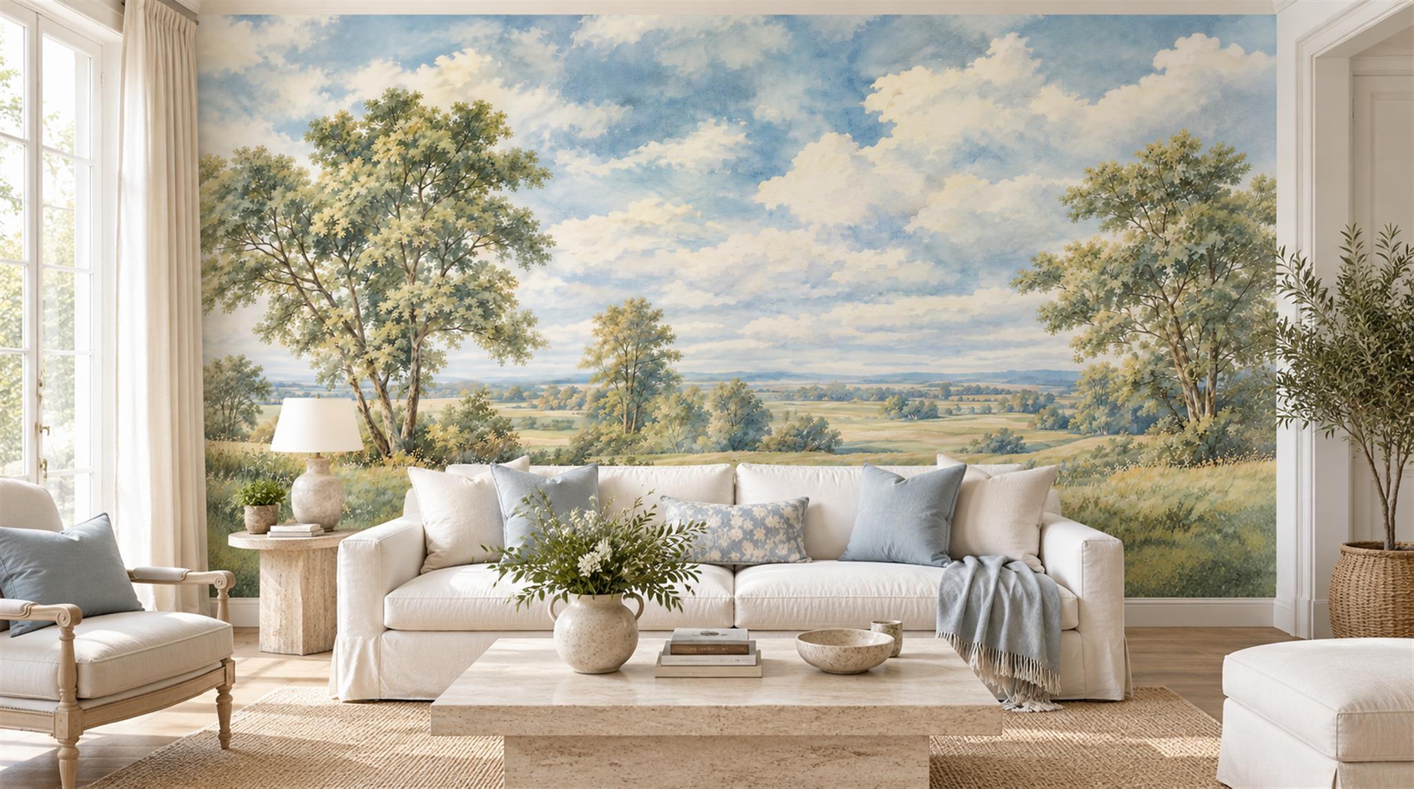 Blue And Neutral A Painterly Scenic View Living-room-wallpaper-murals, Shown In A Living Room, Peel-and-stick Finish