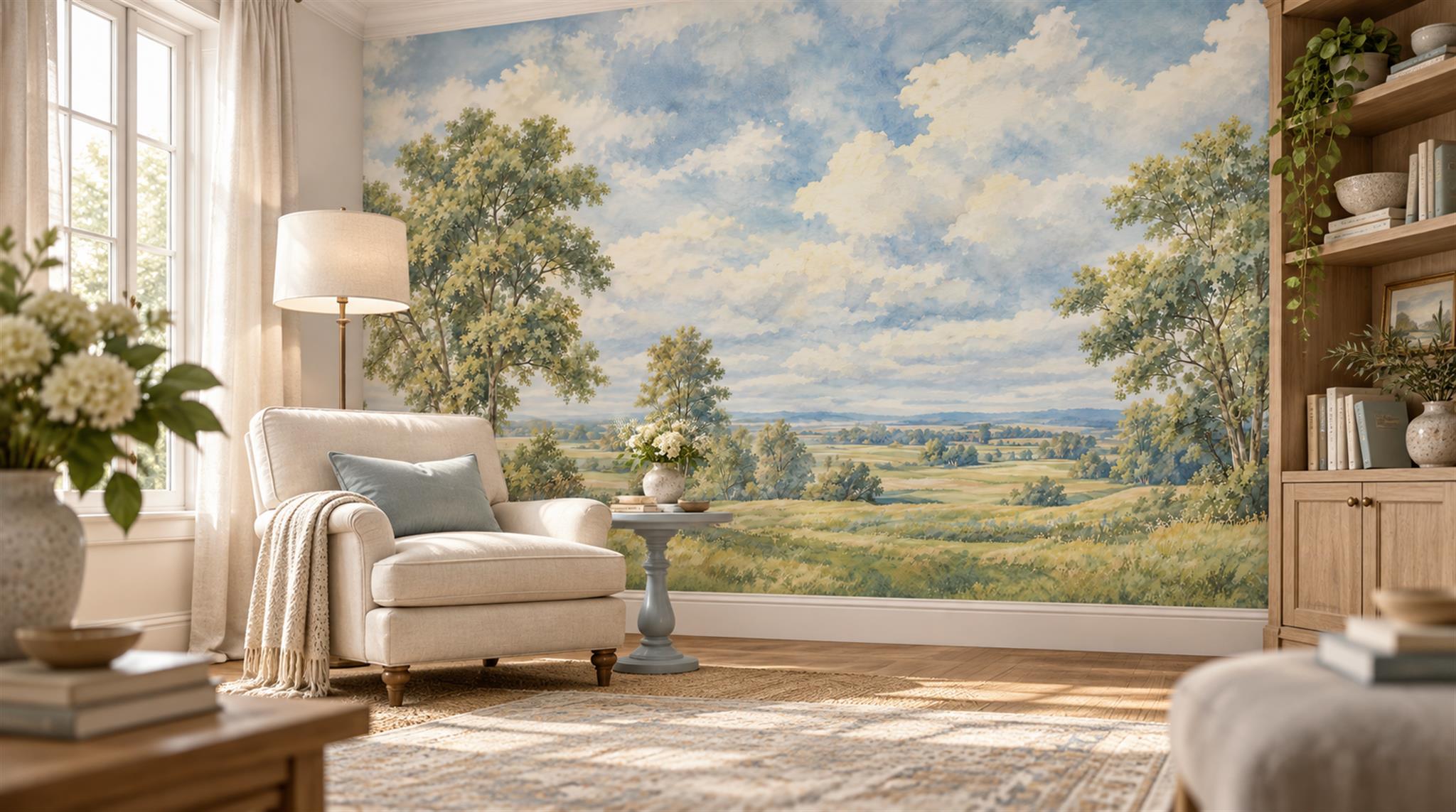 Blue And Neutral A Painterly Scenic View Accent-wall-wallpaper-murals, Peel-and-stick Finish