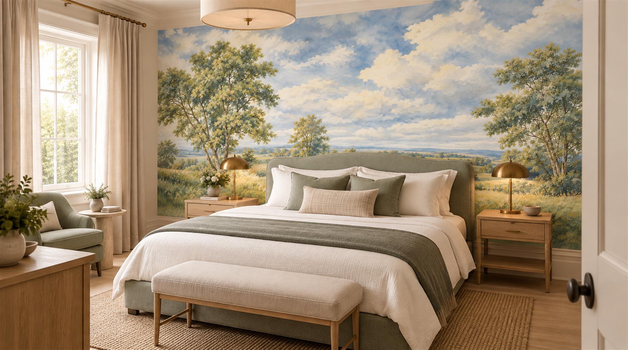 Blue And Neutral A Painterly Scenic View, Peel-and-stick Finish