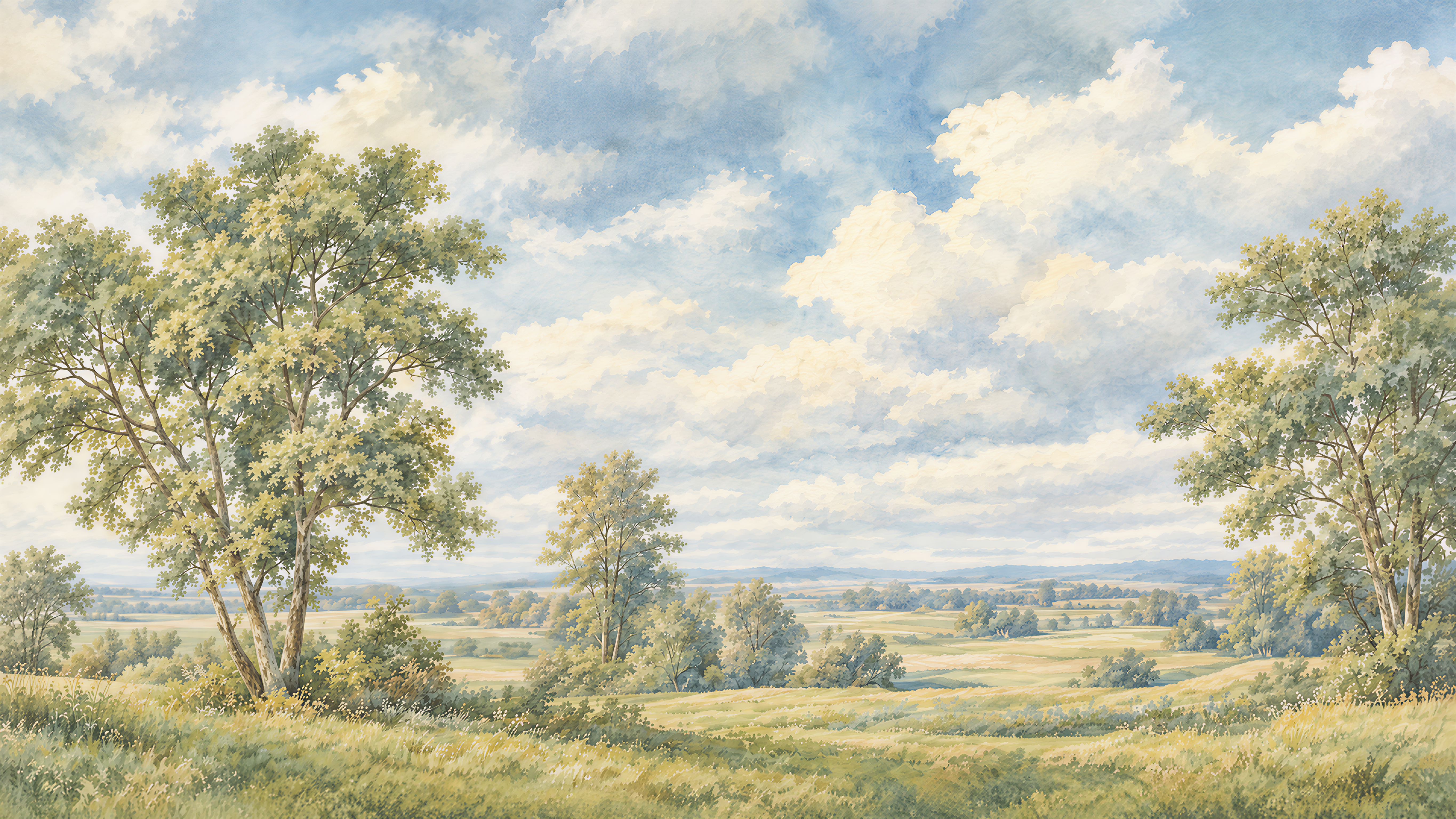 Blue And Neutral A Painterly Scenic View Accent-wall-wallpaper-murals, Peel-and-stick Finish