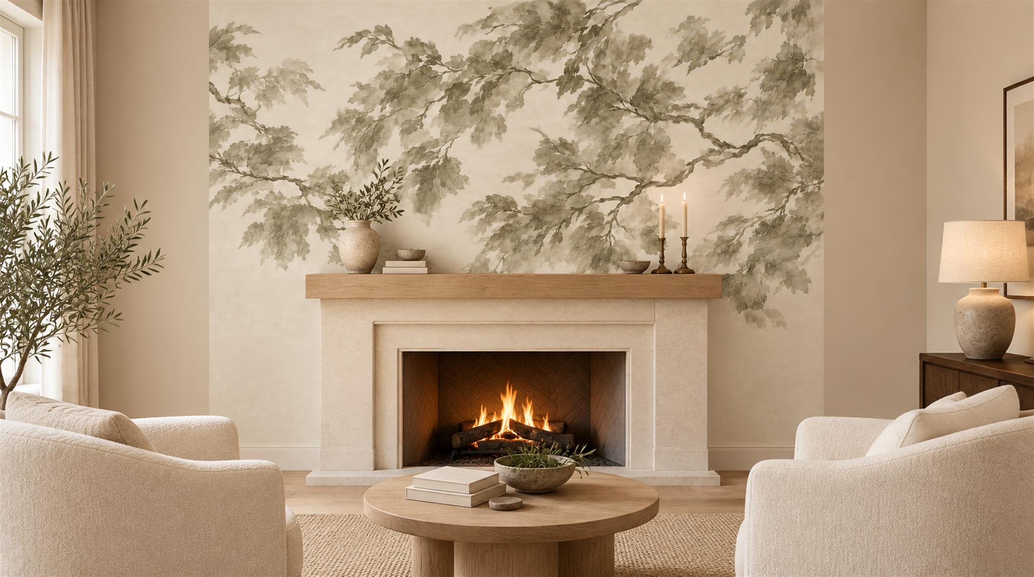 Ivory And Red Leaf Patterning Layered Wallpaper Mural Accent-wall-wallpaper-murals, Peel-and-stick Finish
