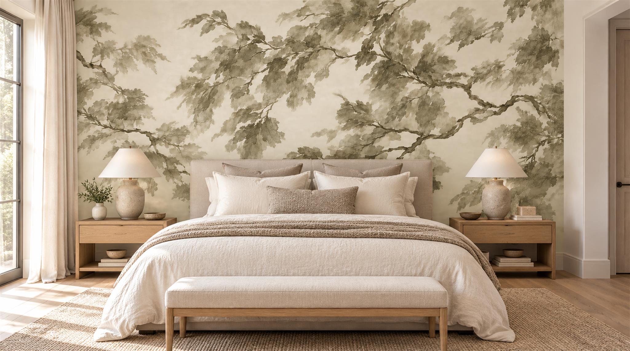 Ivory And Red Leaf Patterning Layered Wallpaper Mural Bedroom-wallpaper-murals, Peel-and-stick Finish