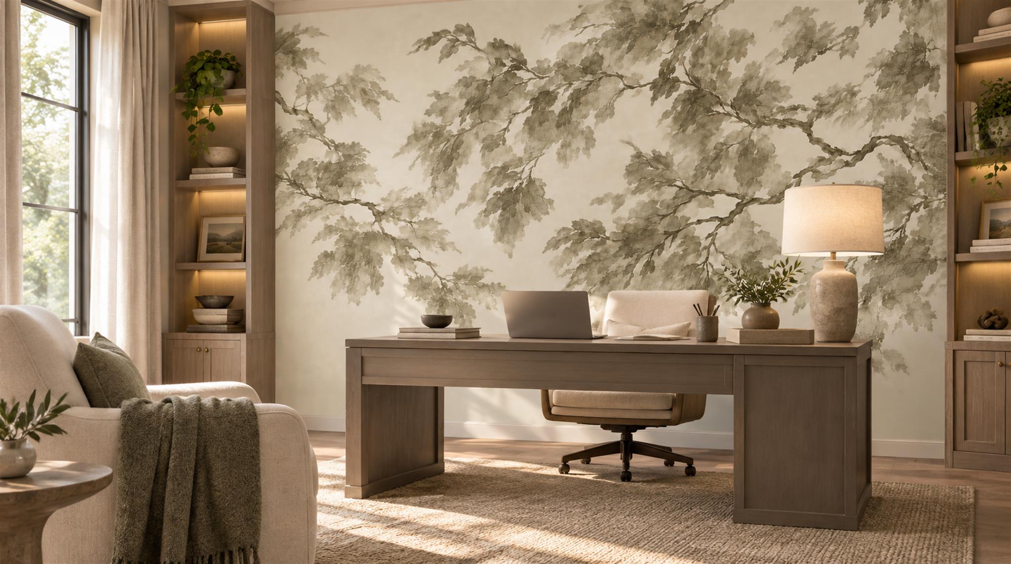 Ivory And Red Leaf Patterning Layered Wallpaper Mural Library-wallpaper-murals, Peel-and-stick Finish