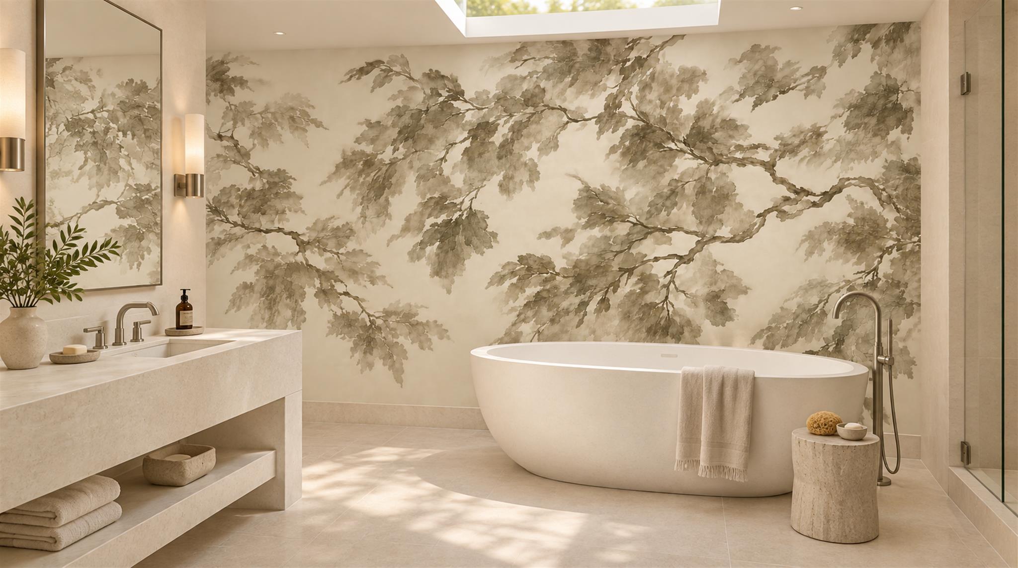 Ivory And Red Leaf Patterning Layered Wallpaper Mural Accent-wall-wallpaper-murals, Peel-and-stick Finish