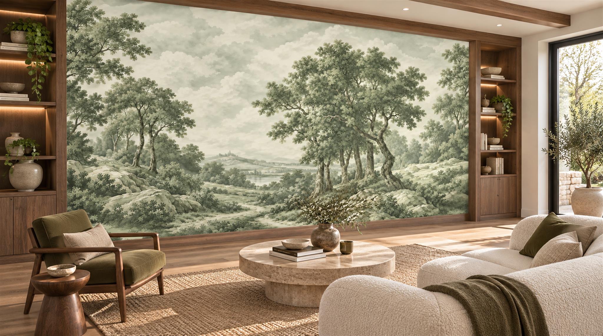 Sage Woodland With A Central Grove And Meadow Path Wallpaper Mural — Wallpaper Mural Design, Peel-and-stick Finish
