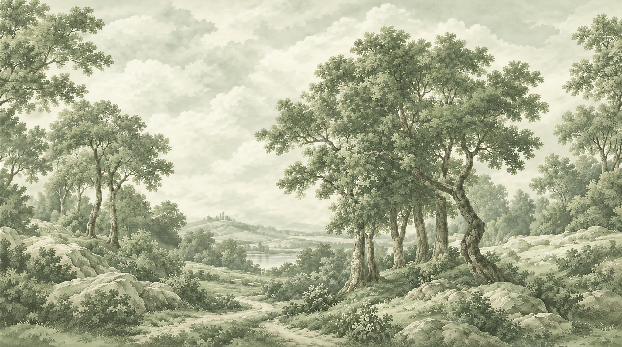 Sage Green And Neutral A Painterly Scenic Layered Wallpaper, Peel-and-stick Finish