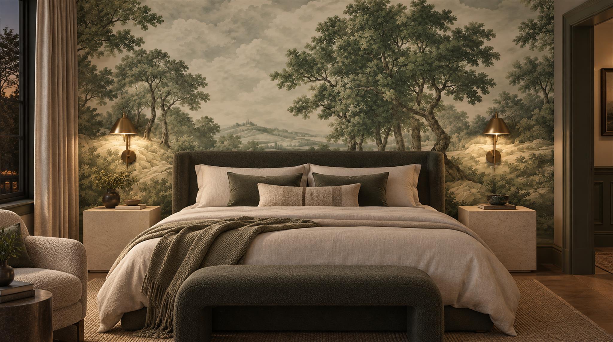 Sage Green And Neutral A Painterly Scenic Layered Wallpaper Accent-wall-wallpaper-murals, Peel-and-stick Finish