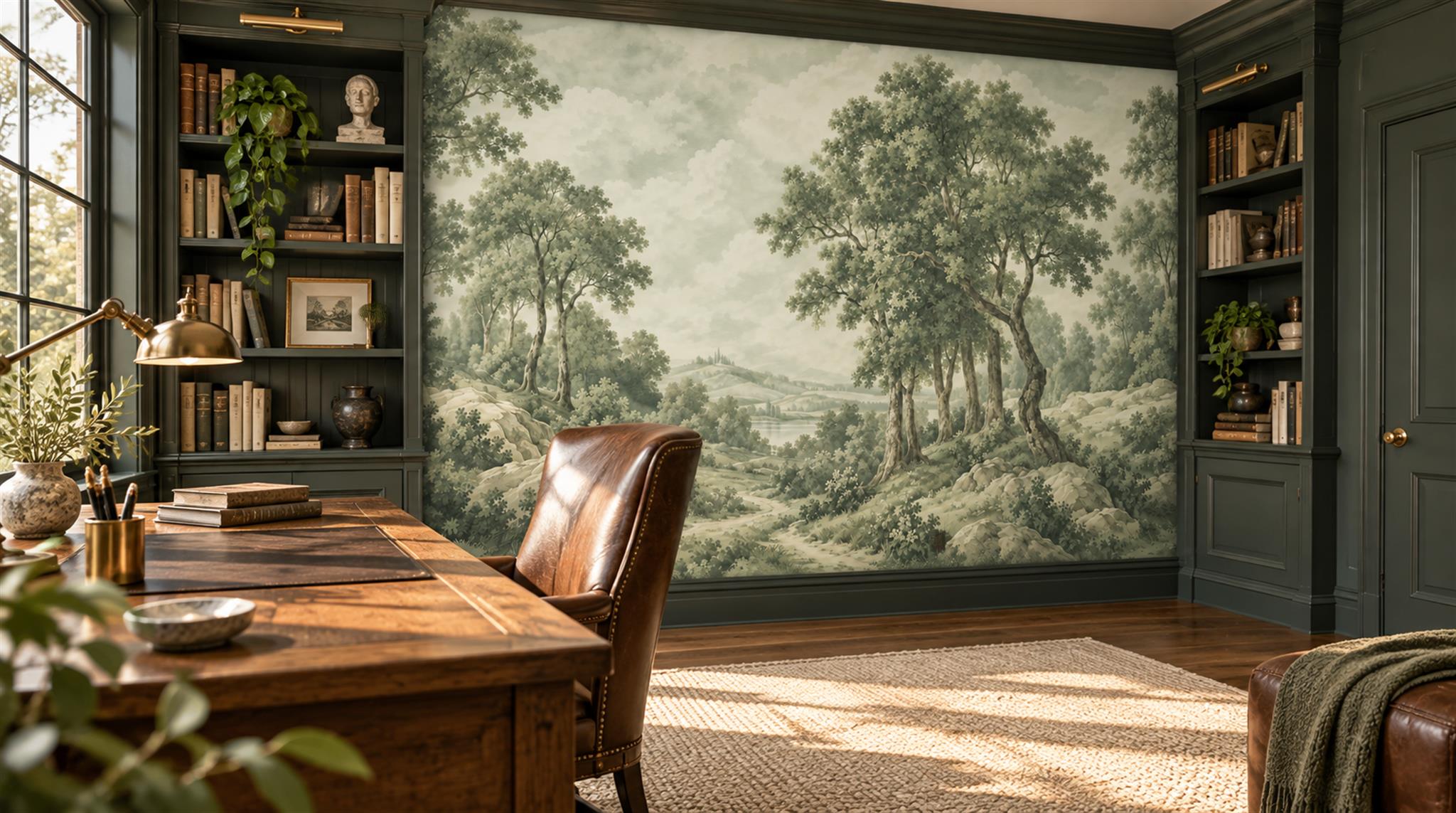 Sage Green And Neutral A Painterly Scenic Layered Wallpaper Library-wallpaper-murals, Peel-and-stick Finish