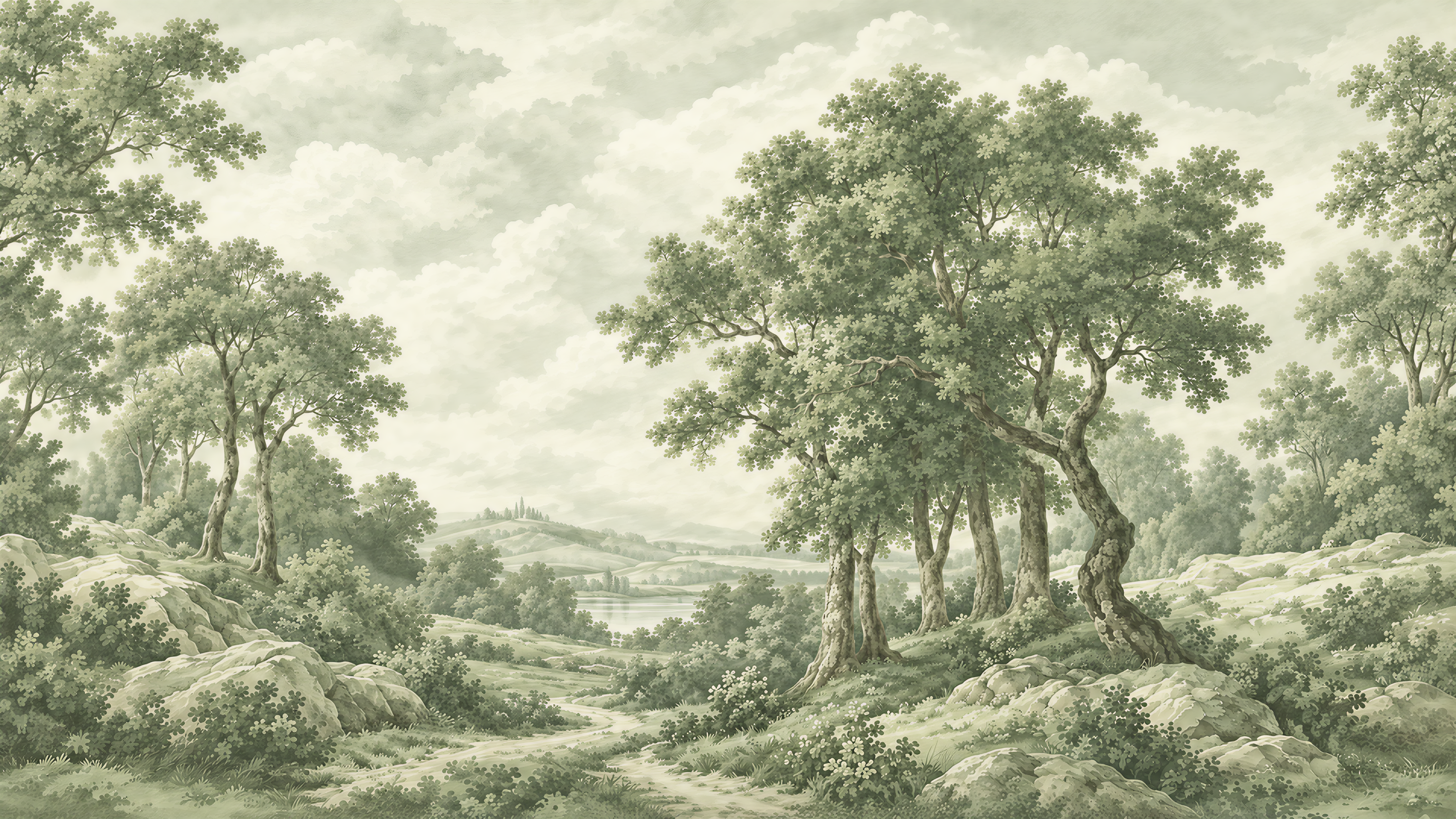 Sage Green And Neutral A Painterly Scenic Layered Wallpaper, Peel-and-stick Finish