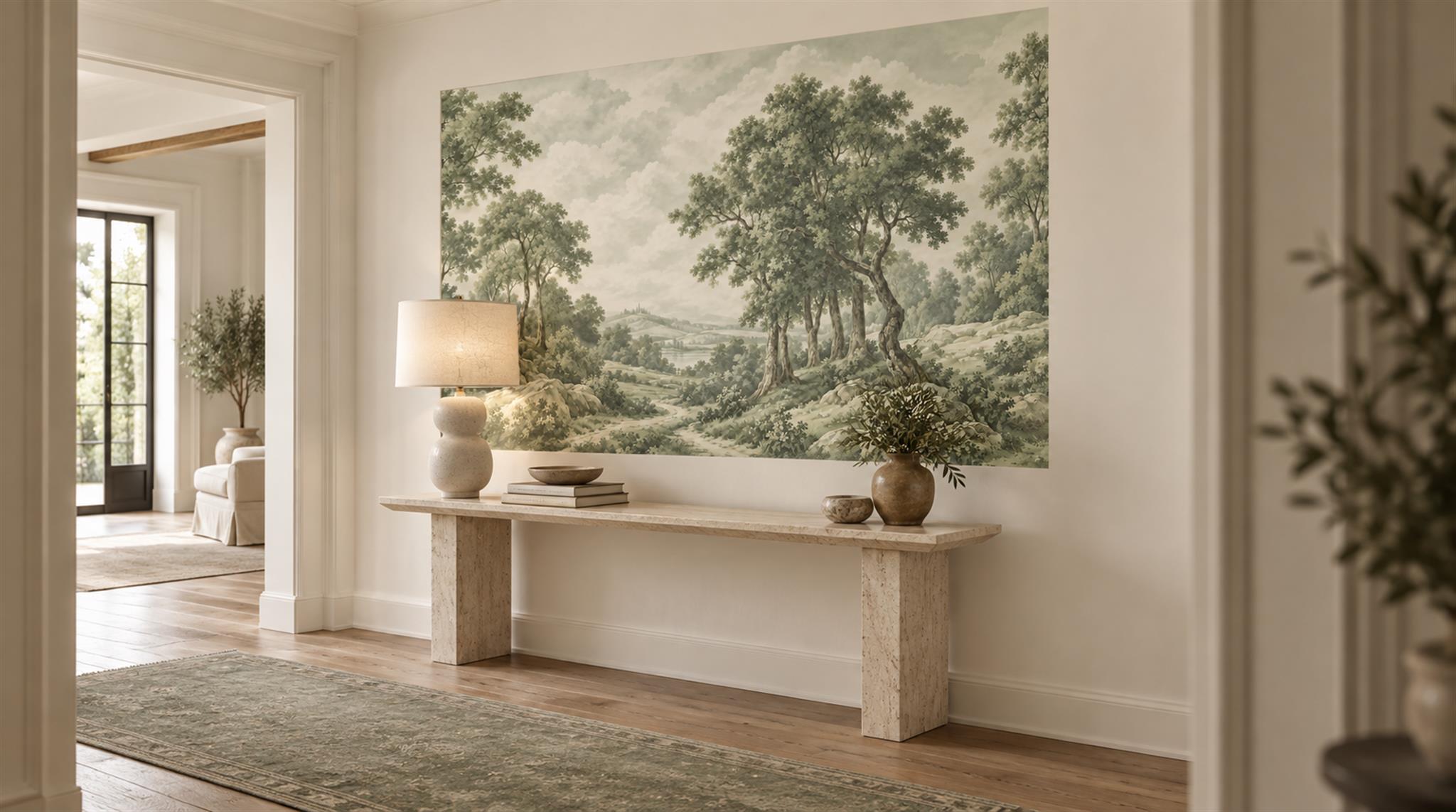 Sage Green And Neutral A Painterly Scenic Layered Wallpaper Entryway-wallpaper-murals, Peel-and-stick Finish