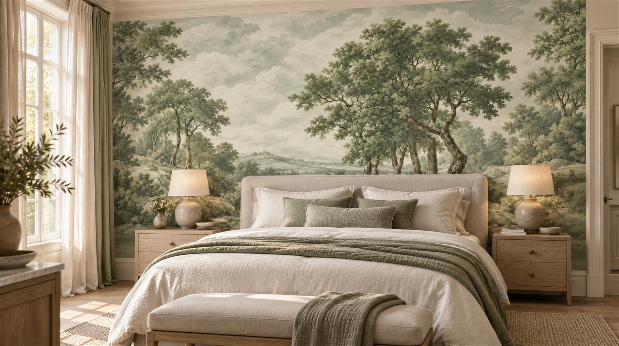 Sage Green And Neutral A Painterly Scenic Layered Wallpaper Bedroom-wallpaper-murals, Peel-and-stick Finish