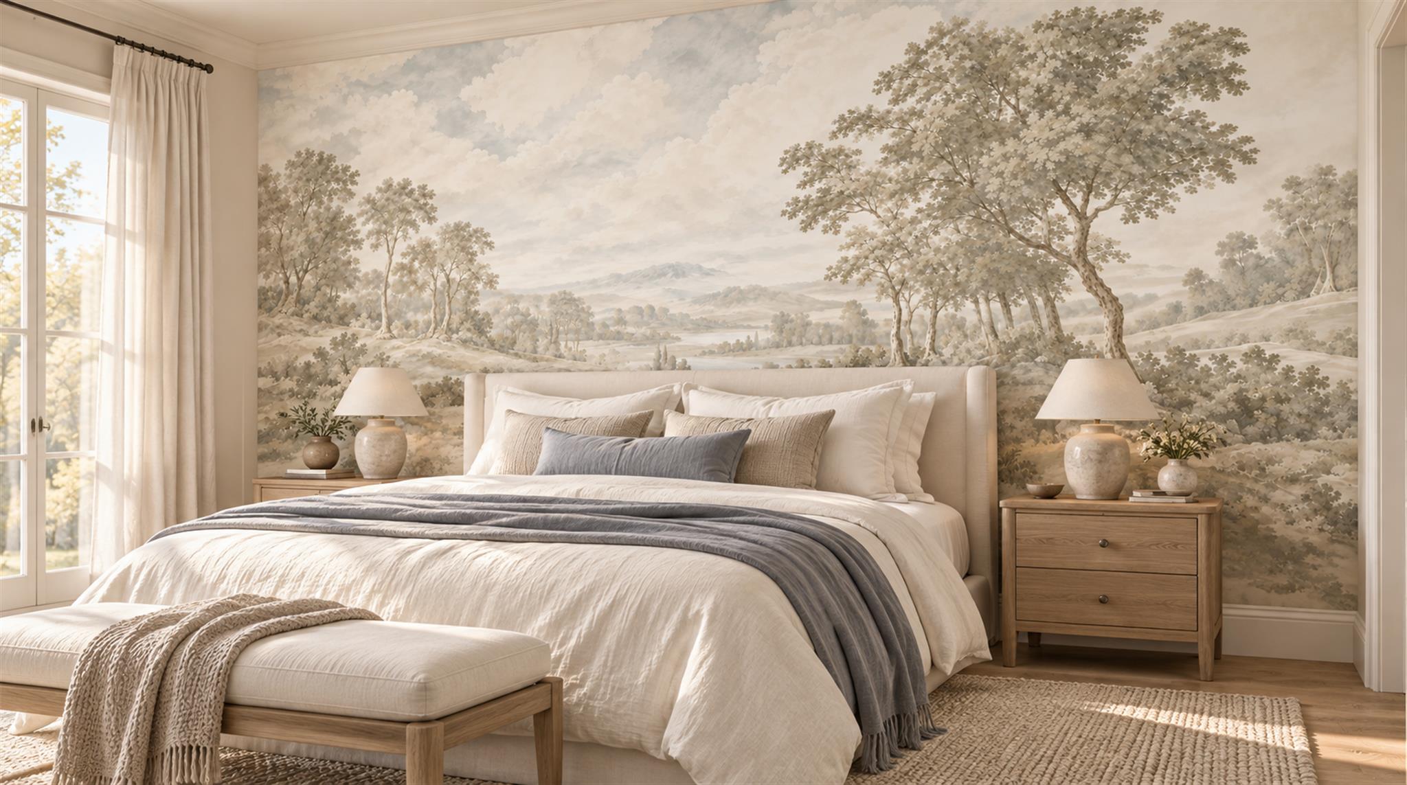 Ivory And Neutral A Painterly Scenic View Organic Wallpaper Bedroom-wallpaper-murals, Peel-and-stick Finish