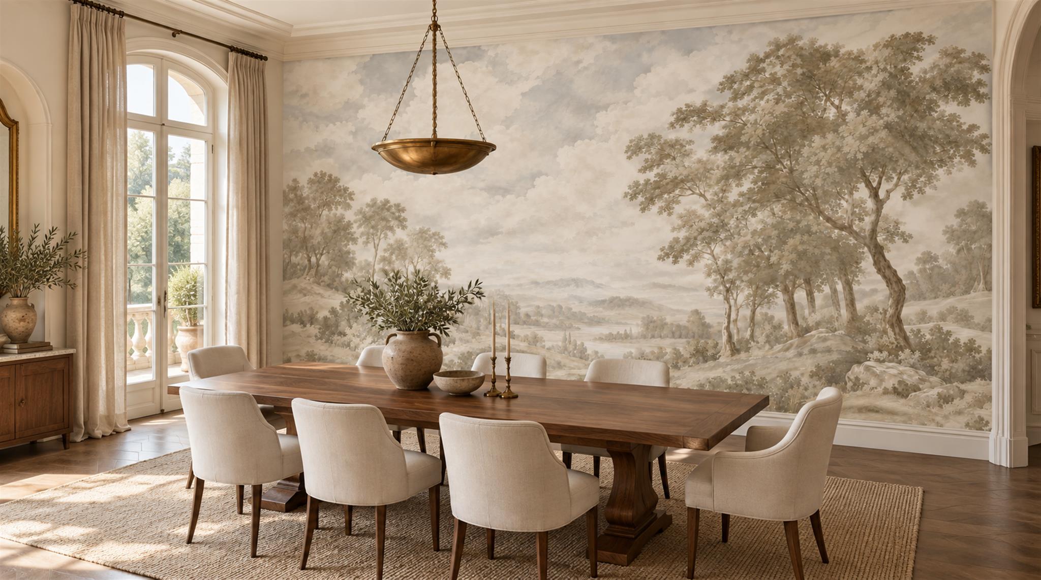 Ivory Misty Meadow With A Large Grove Of Trees Wallpaper Mural — Wallpaper Mural Design, Peel-and-stick Finish