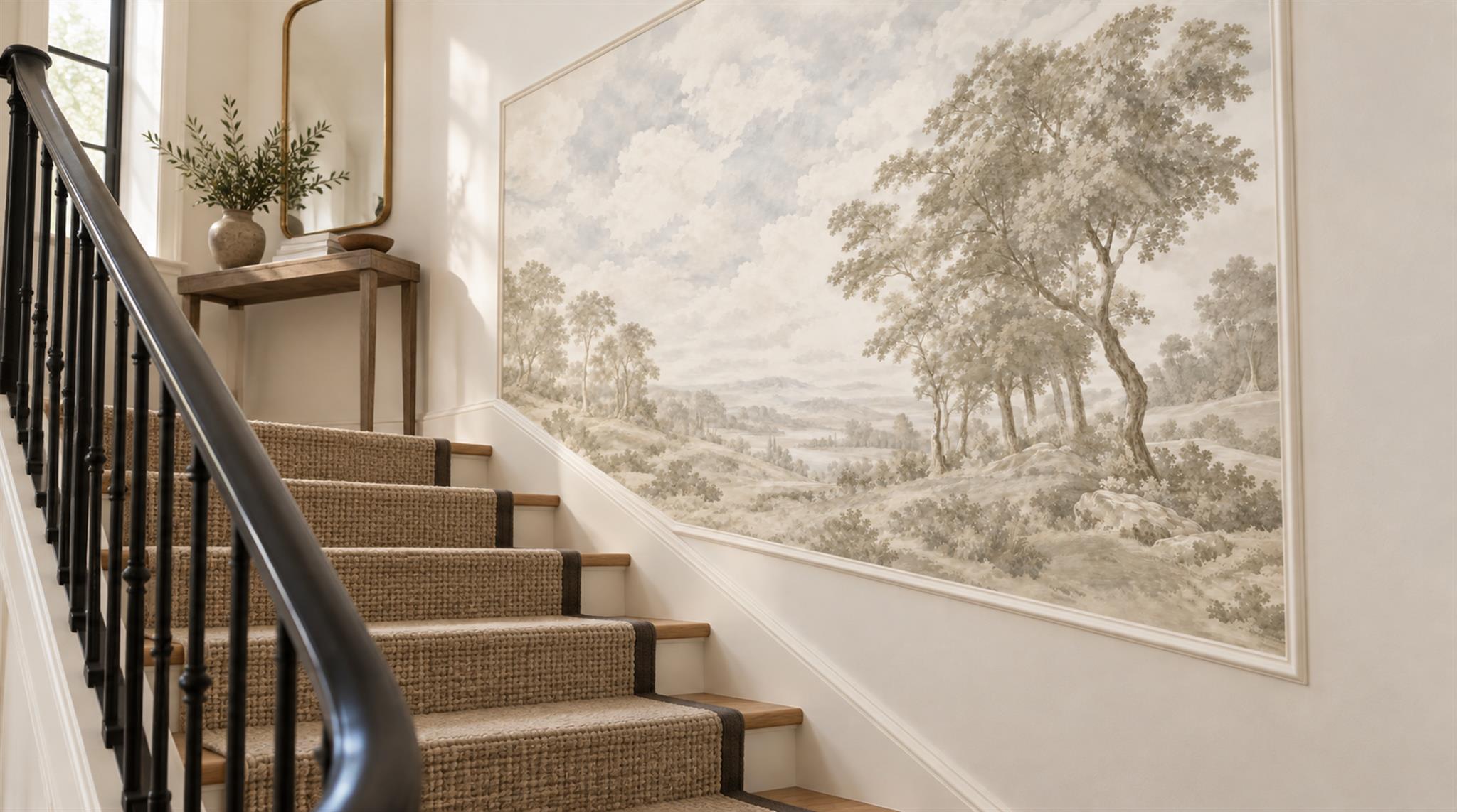 Ivory And Neutral A Painterly Scenic View Organic Wallpaper Hallway-wallpaper-murals, Peel-and-stick Finish