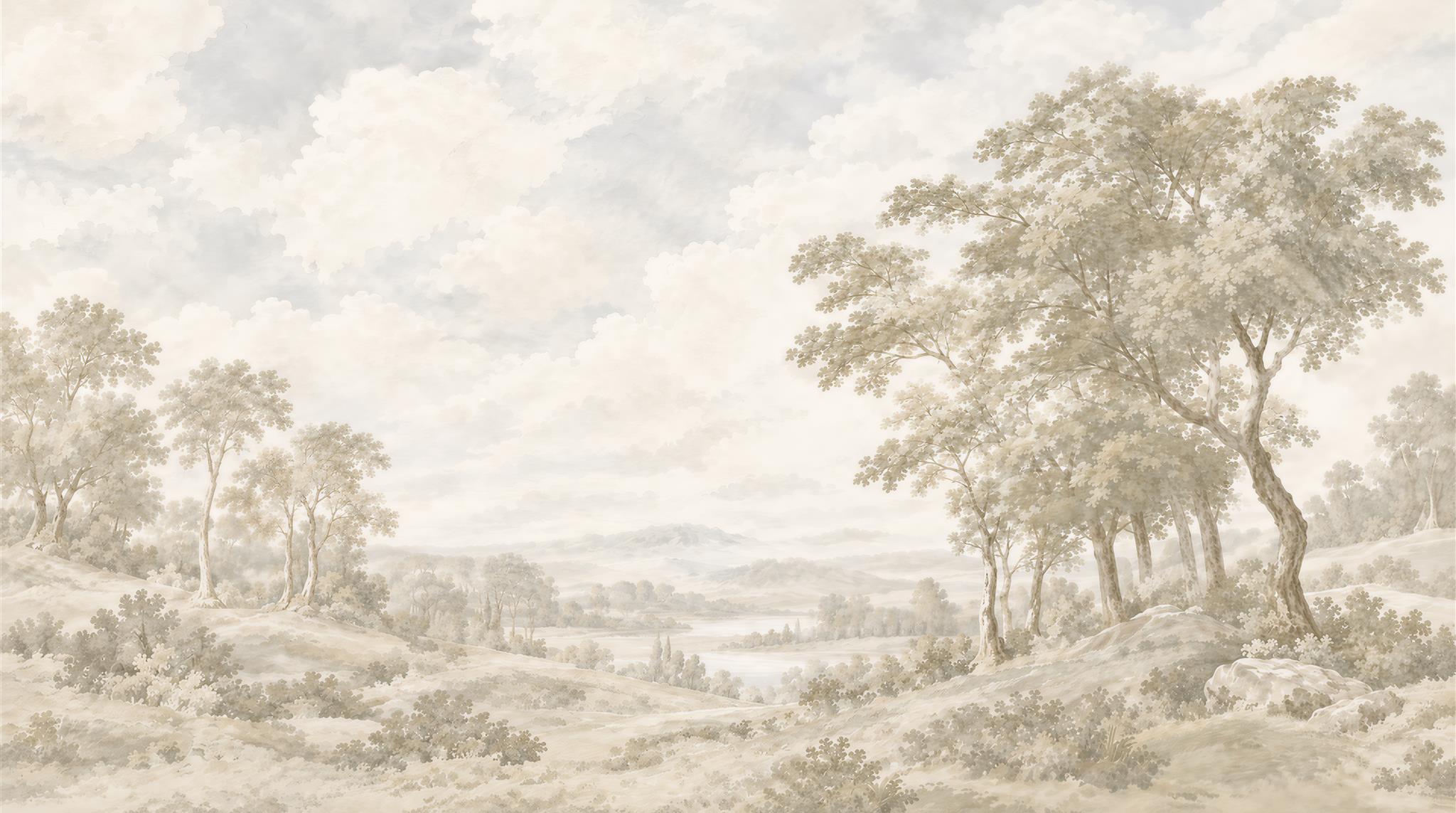 Ivory And Neutral A Painterly Scenic View Organic Wallpaper Accent-wall-wallpaper-murals, Peel-and-stick Finish