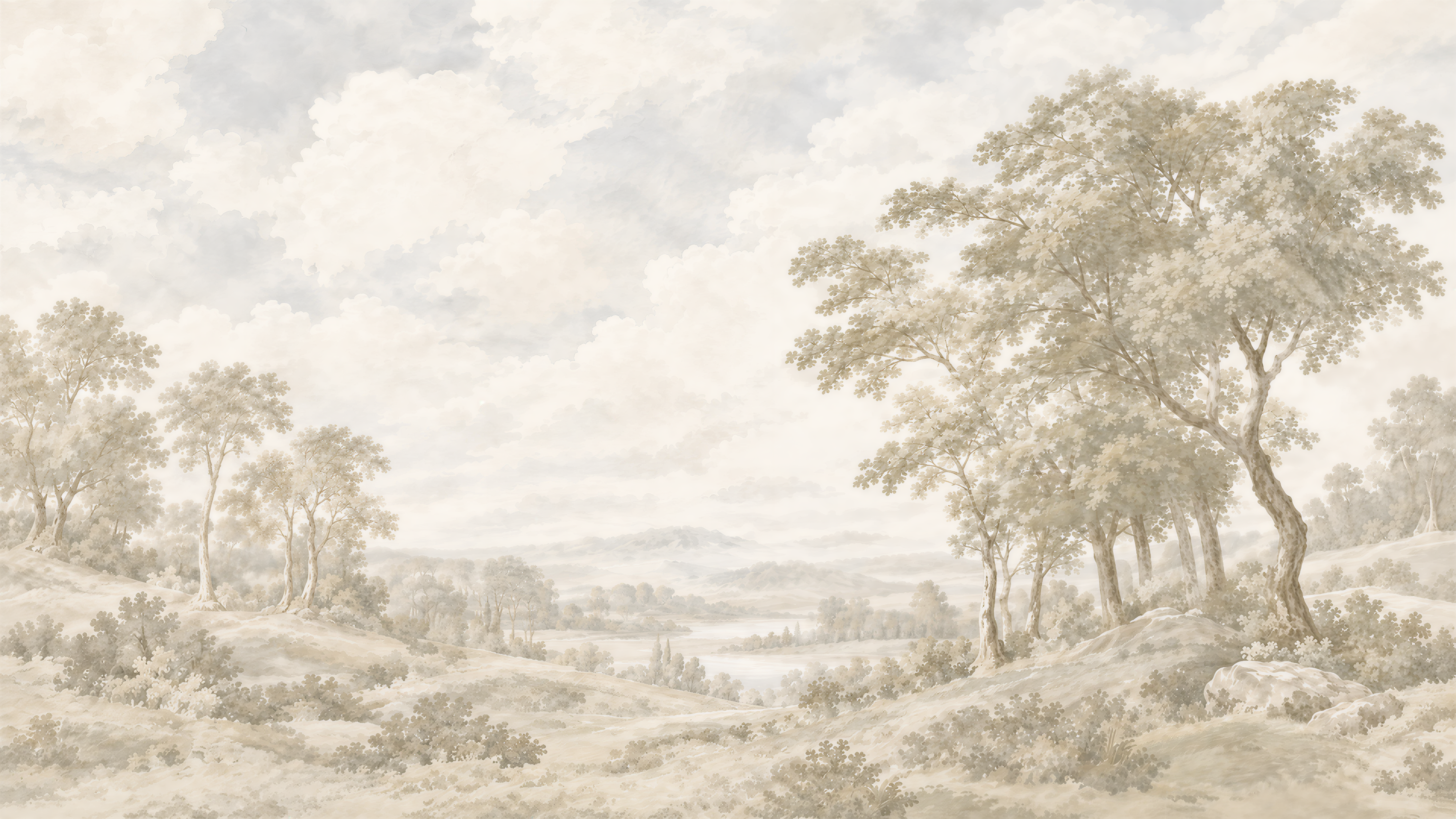 Ivory And Neutral A Painterly Scenic View Organic Wallpaper, Peel-and-stick Finish
