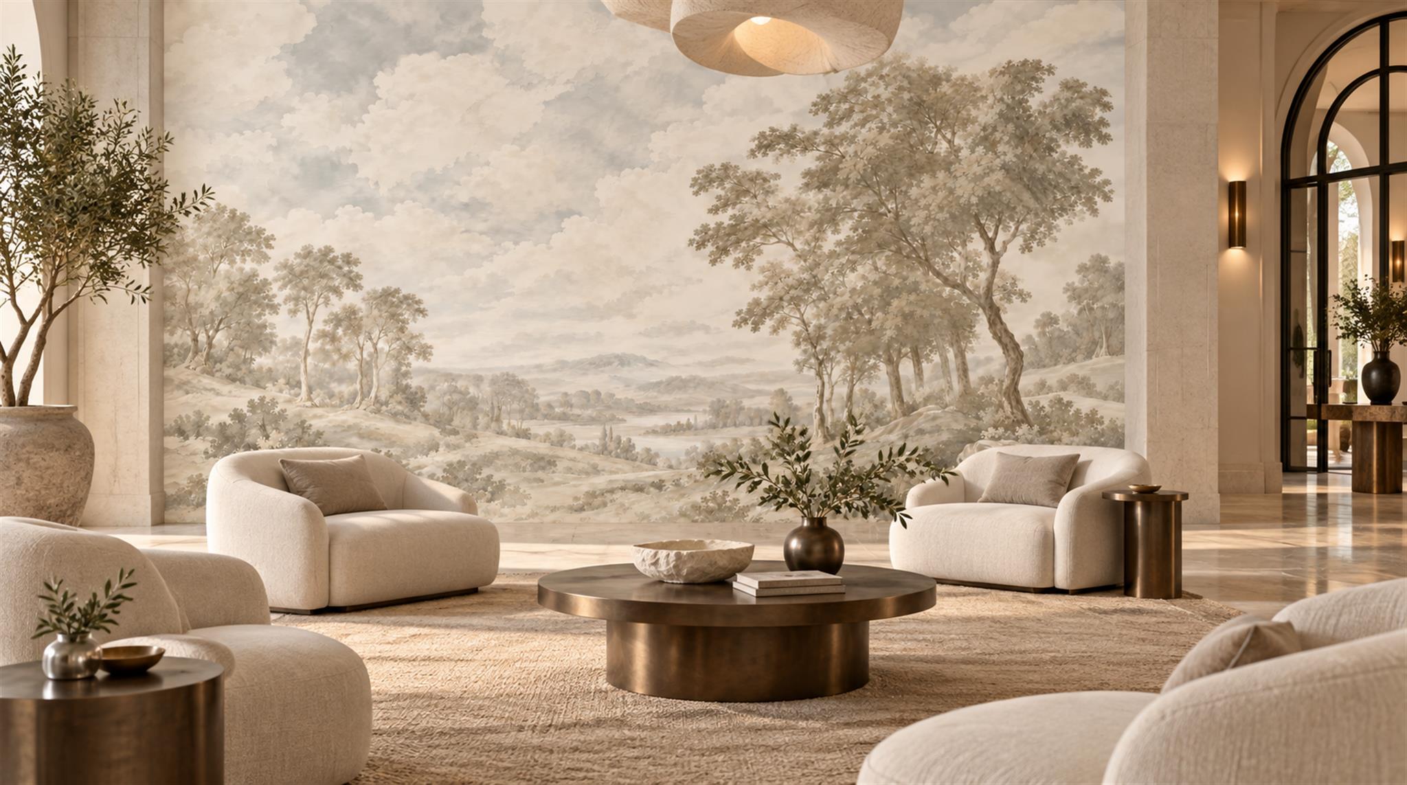 Ivory And Neutral A Painterly Scenic View Organic Wallpaper, Peel-and-stick Finish