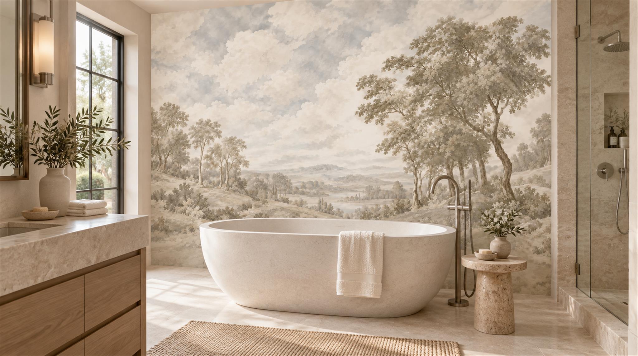 Ivory And Neutral A Painterly Scenic View Organic Wallpaper Feature-wall-wallpaper-murals, Peel-and-stick Finish