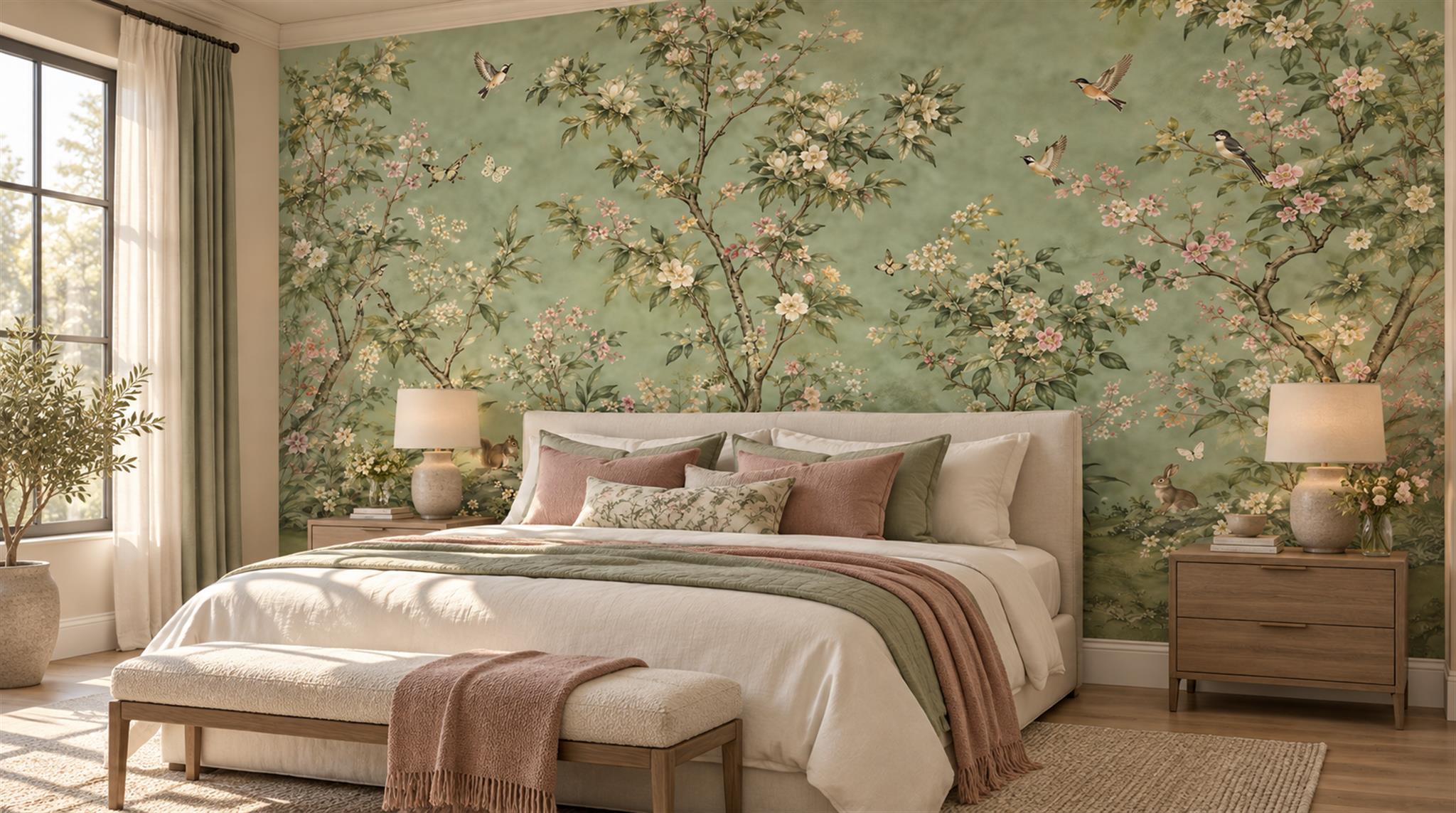 Sage Green And Neutral Abstract Forms Wallpaper Organic Wallpaper Bedroom-wallpaper-murals, Peel-and-stick Finish