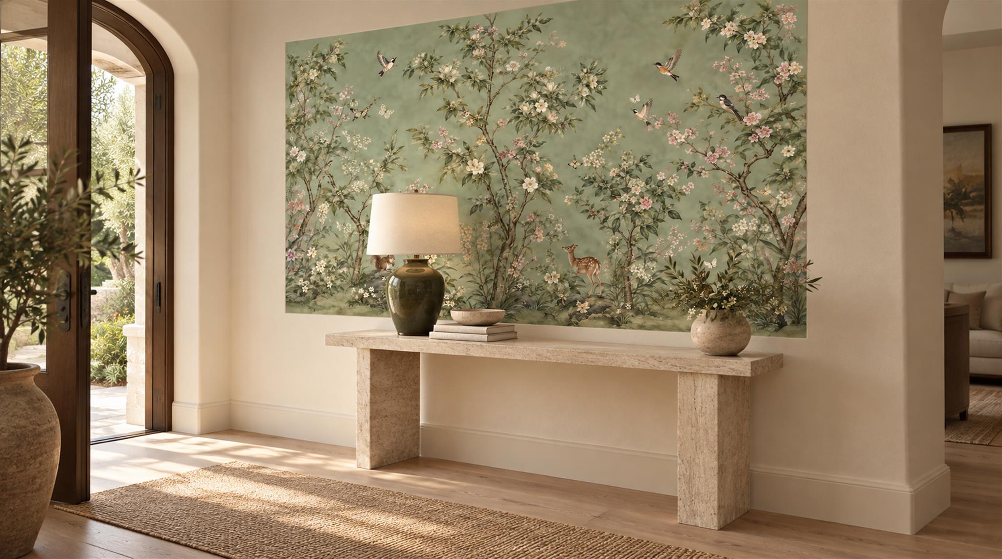 Sage Green And Neutral Abstract Forms Wallpaper Organic Wallpaper Entryway-wallpaper-murals, Peel-and-stick Finish