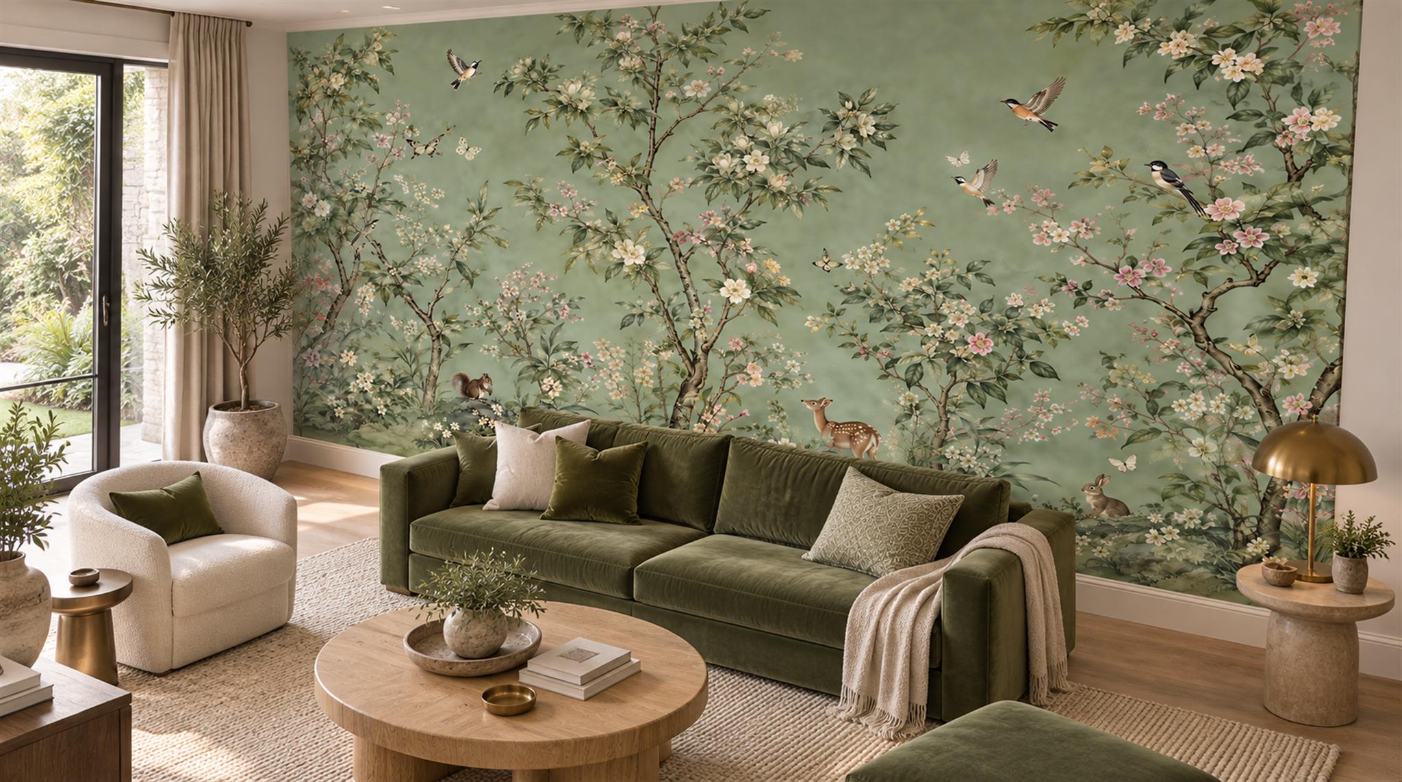 Sage Green And Neutral Abstract Forms Wallpaper Organic Wallpaper Living-room-wallpaper-murals, Shown In A Living Room, Peel-and-stick Finish