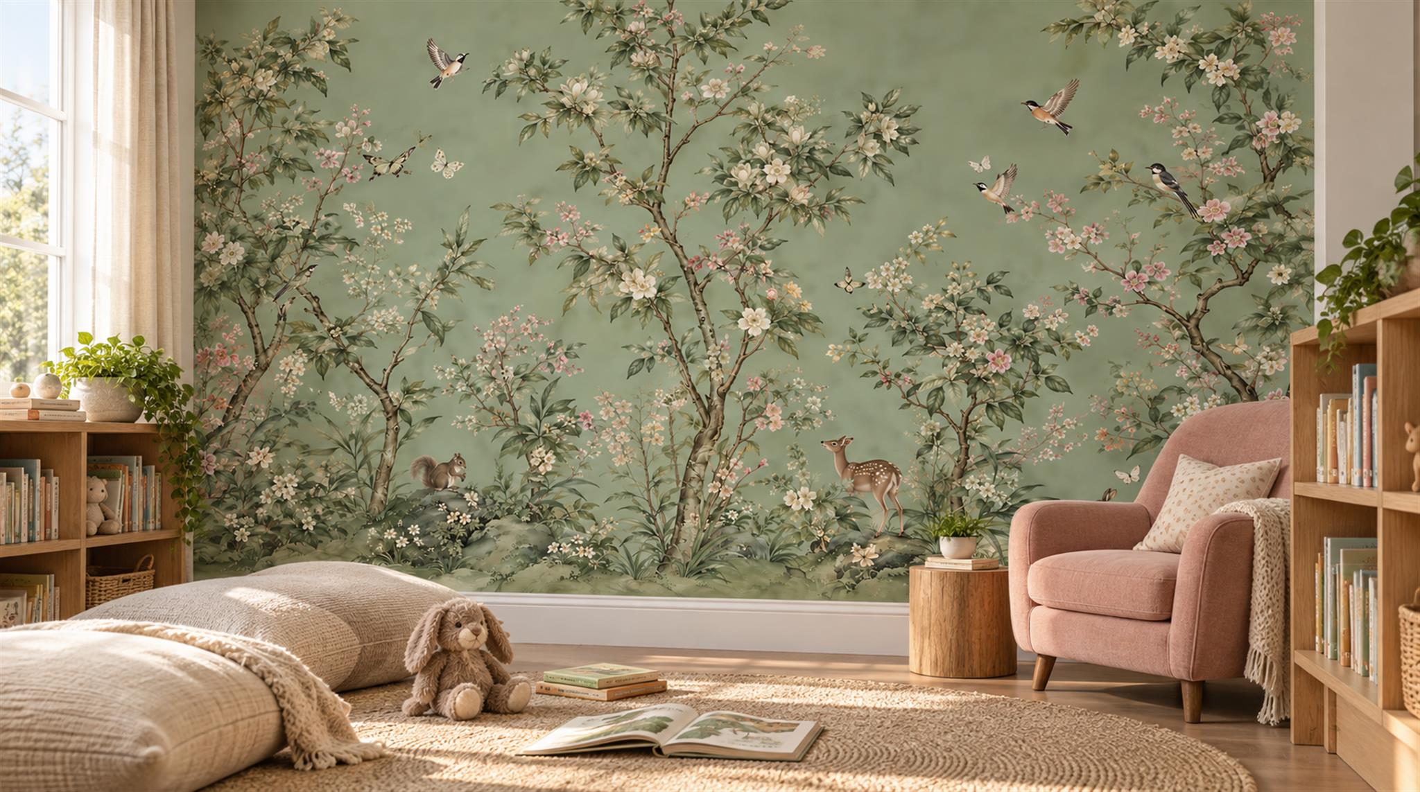 Sage Green And Neutral Abstract Forms Wallpaper Organic Wallpaper Feature-wall-wallpaper-murals, Peel-and-stick Finish