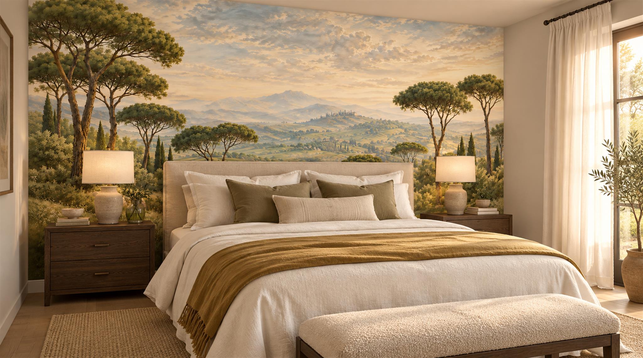 Green And Neutral A Painterly Scenic View Decorative Wallpaper Bedroom-wallpaper-murals, Peel-and-stick Finish