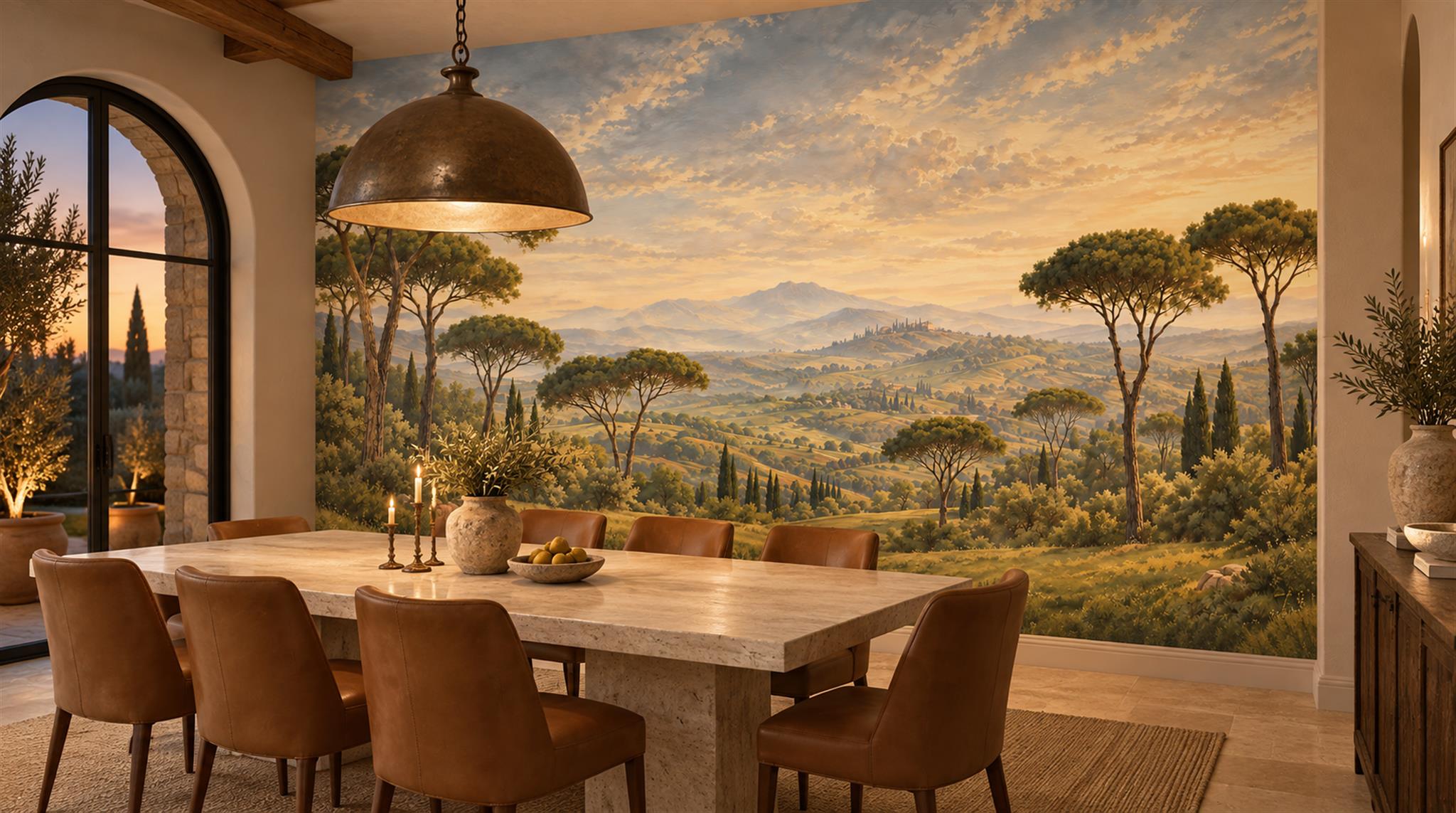 Green And Neutral A Painterly Scenic View Decorative Wallpaper Dining-room-wallpaper-murals, Peel-and-stick Finish