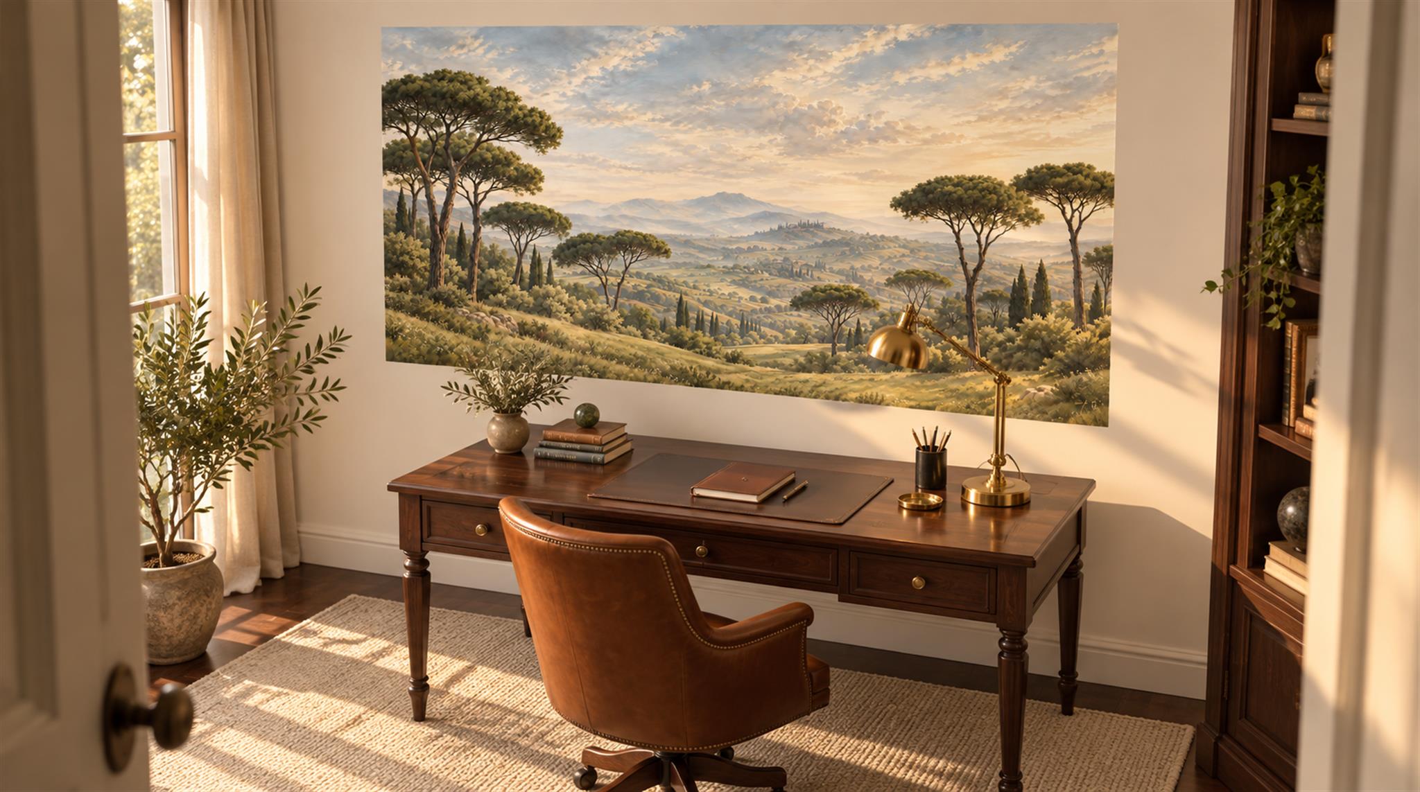 Green And Neutral A Painterly Scenic View Decorative Wallpaper Home-office-wallpaper-murals, Peel-and-stick Finish