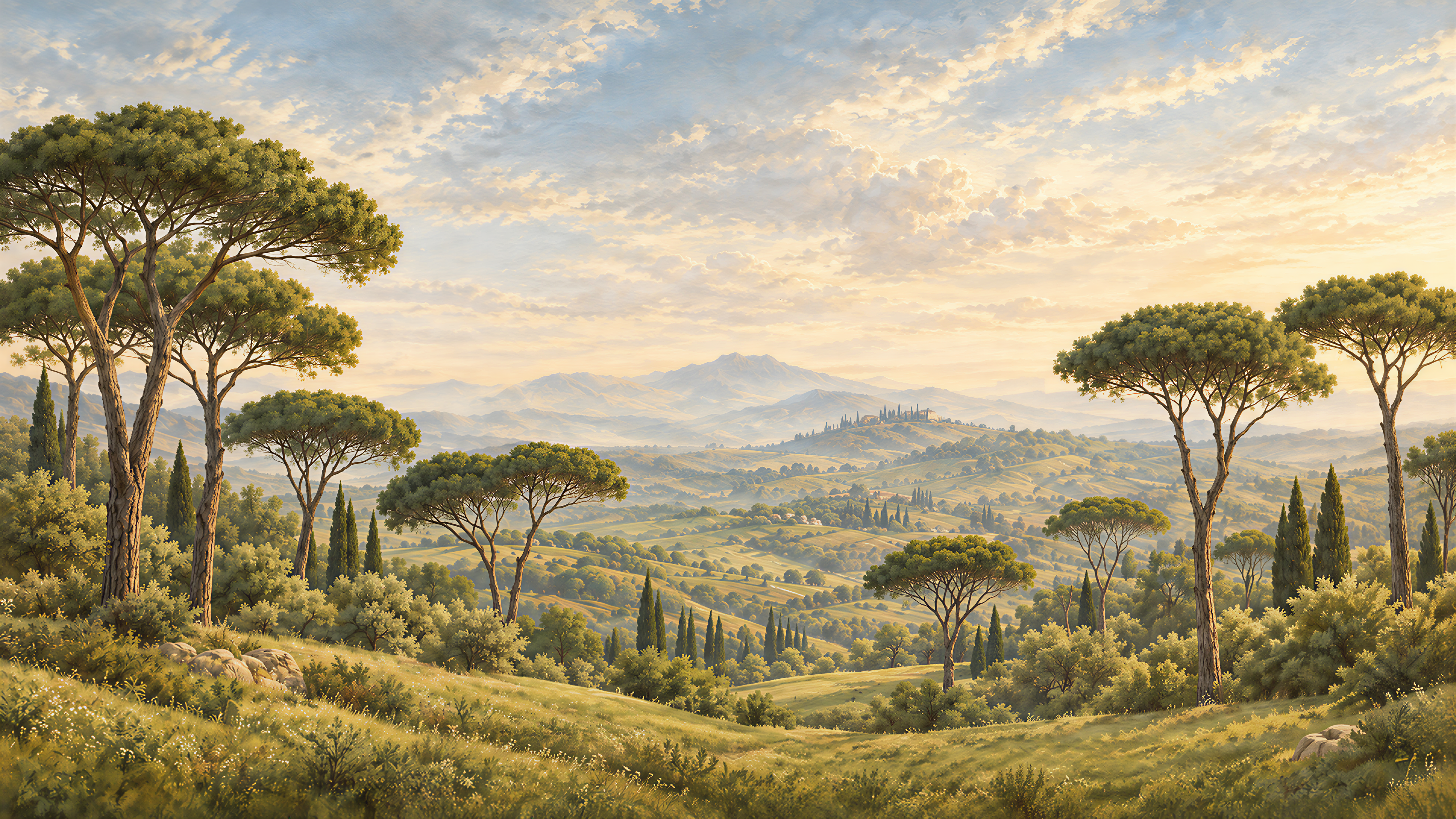 Green And Neutral A Painterly Scenic View Decorative Wallpaper, Peel-and-stick Finish