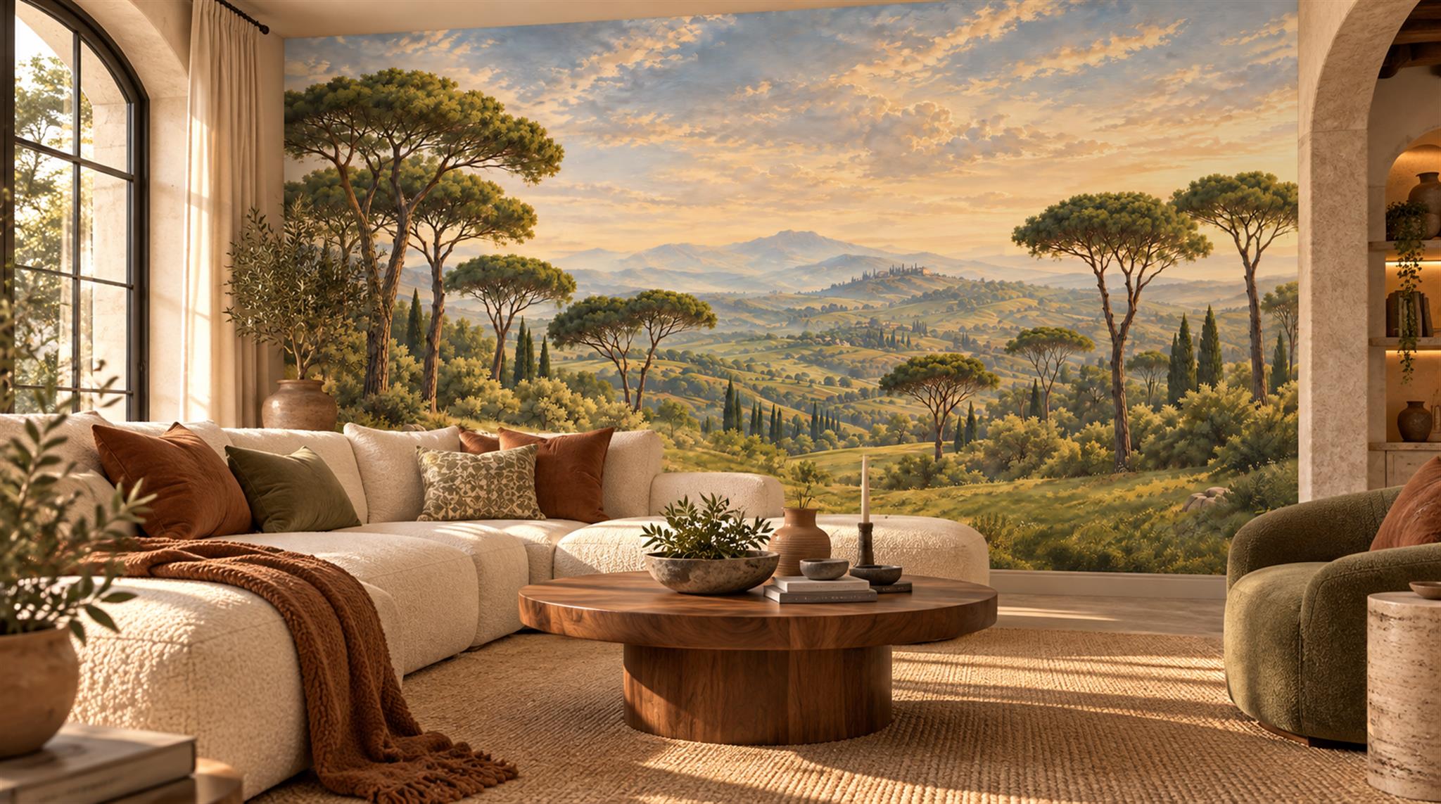 Tuscan Umbrella Pines Across Golden Rolling Hills Wallpaper Mural — Wallpaper Mural Design, Peel-and-stick Finish