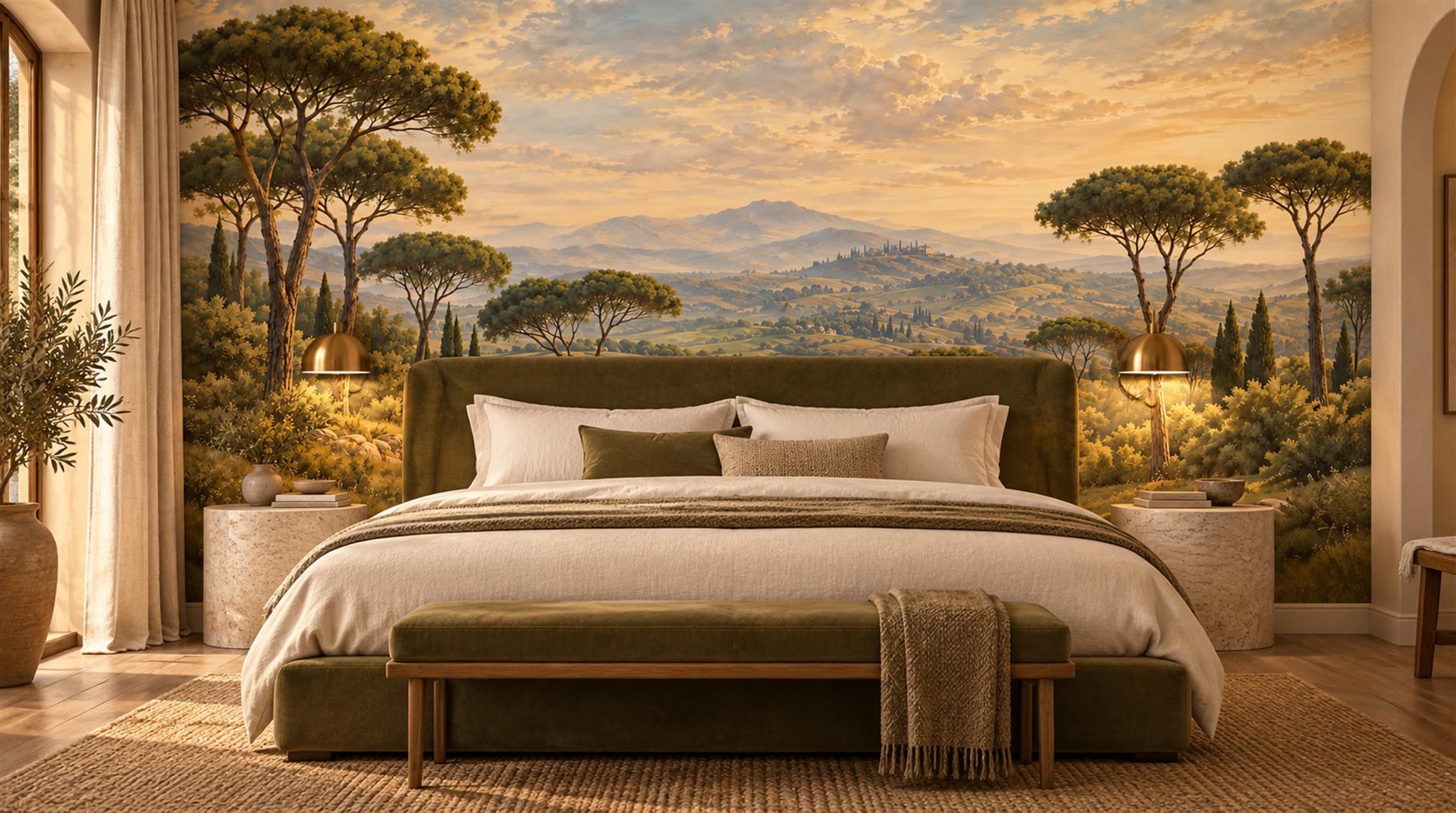 Green And Neutral A Painterly Scenic View Decorative Wallpaper Living-room-wallpaper-murals, Peel-and-stick Finish
