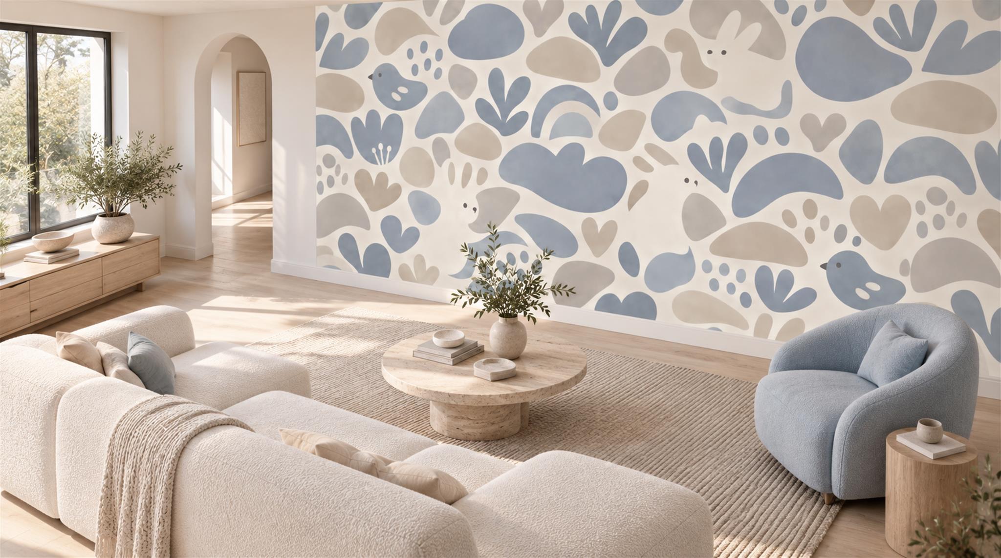Soft Blue Whimsical Animal And Shape Wallpaper Mural — Wallpaper Mural Design, Peel-and-stick Finish