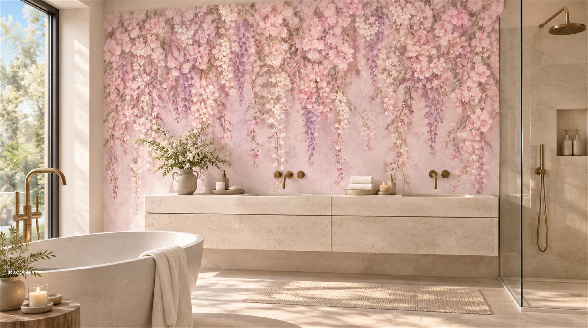 Pink And Neutral Abstract Forms Decorative Wallpaper Mural Feature-wall-wallpaper-murals, Peel-and-stick Finish