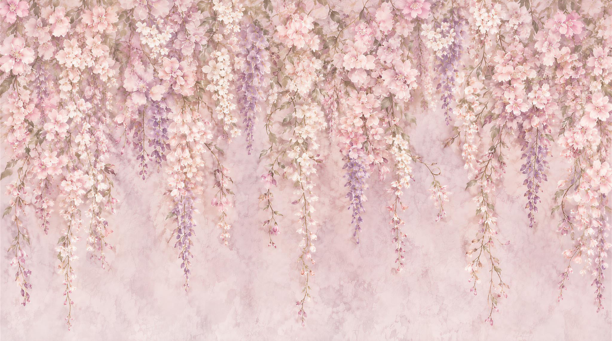 Pink Hanging Blossoms And Cascading Flowers Wallpaper Mural — Wallpaper Mural Design, Peel-and-stick Finish
