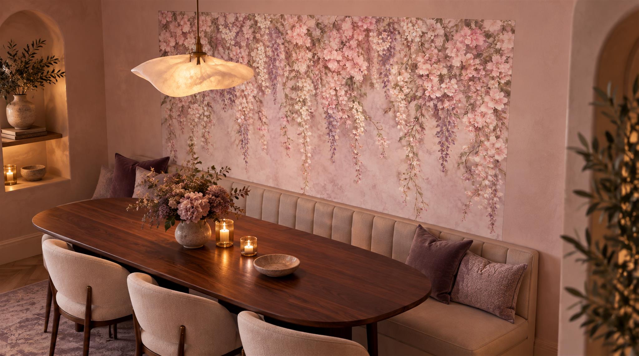 Pink And Neutral Abstract Forms Decorative Wallpaper Mural Dining-room-wallpaper-murals, Shown In A Dining Room, Peel-and-stick Finish