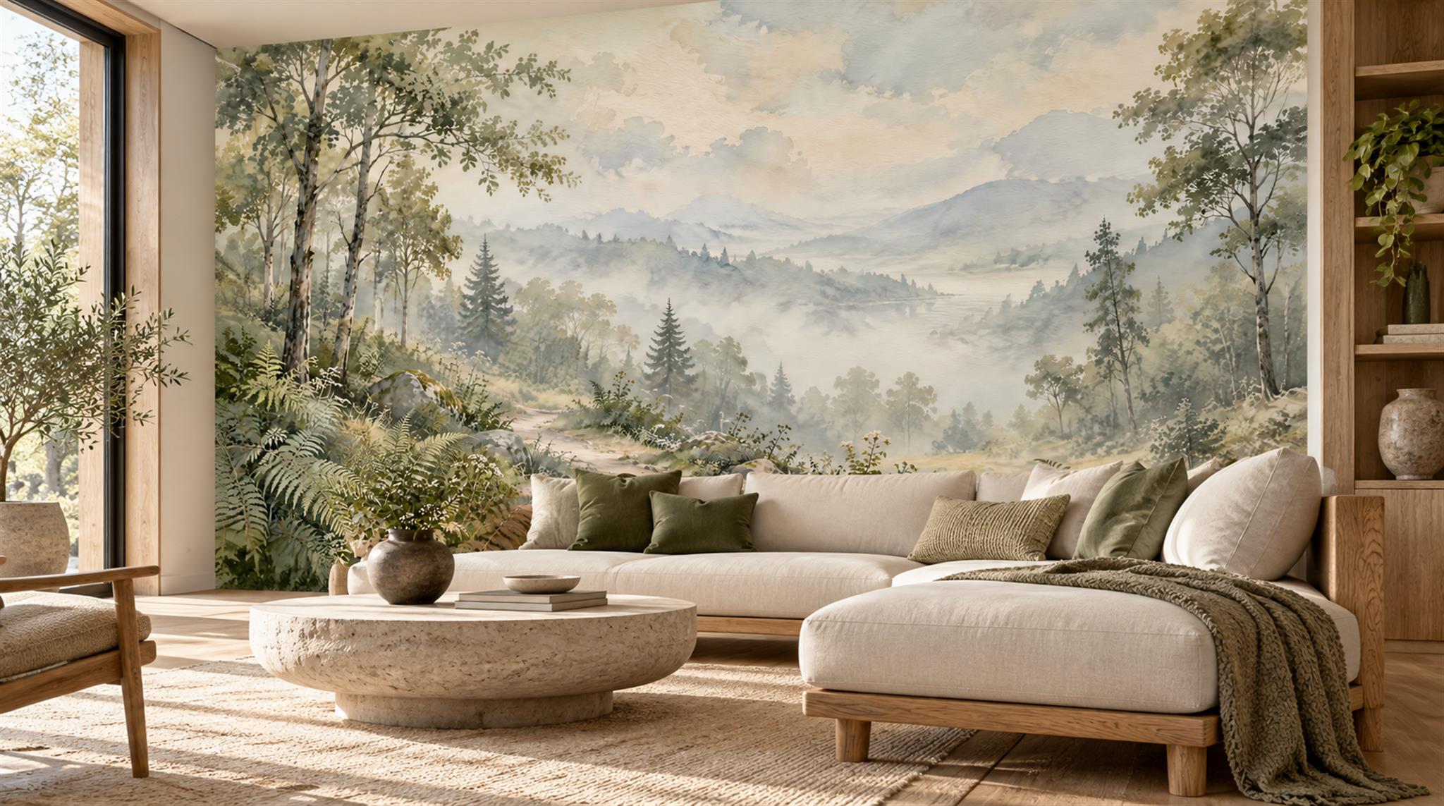 Misty Mountain Forest Path Watercolour Wallpaper Mural — Wallpaper Mural Design, Peel-and-stick Finish
