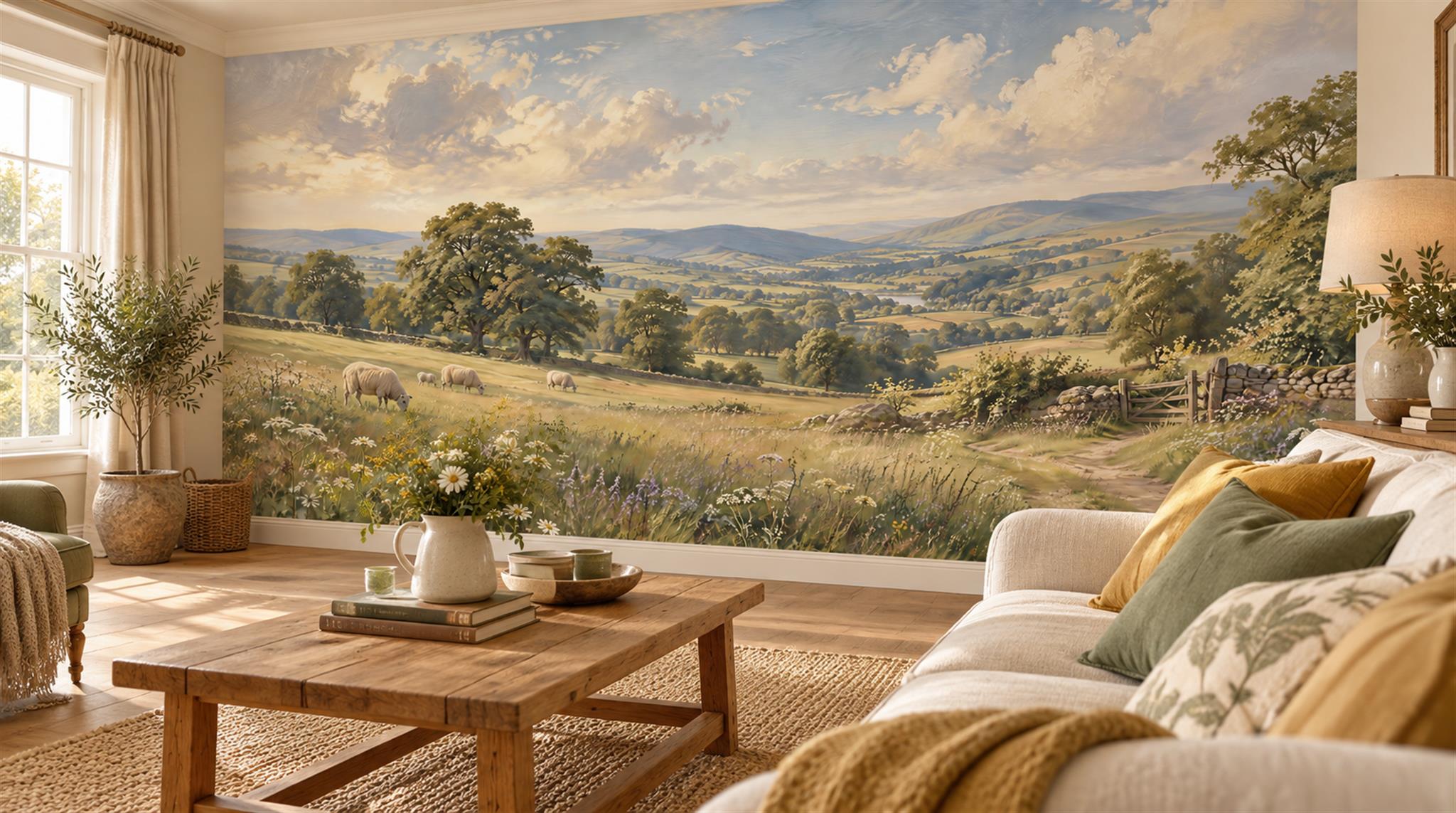 Red And Olive A Painterly Scenic View Painterly Wallpaper Living-room-wallpaper-murals, Shown In A Living Room, Peel-and-stick Finish