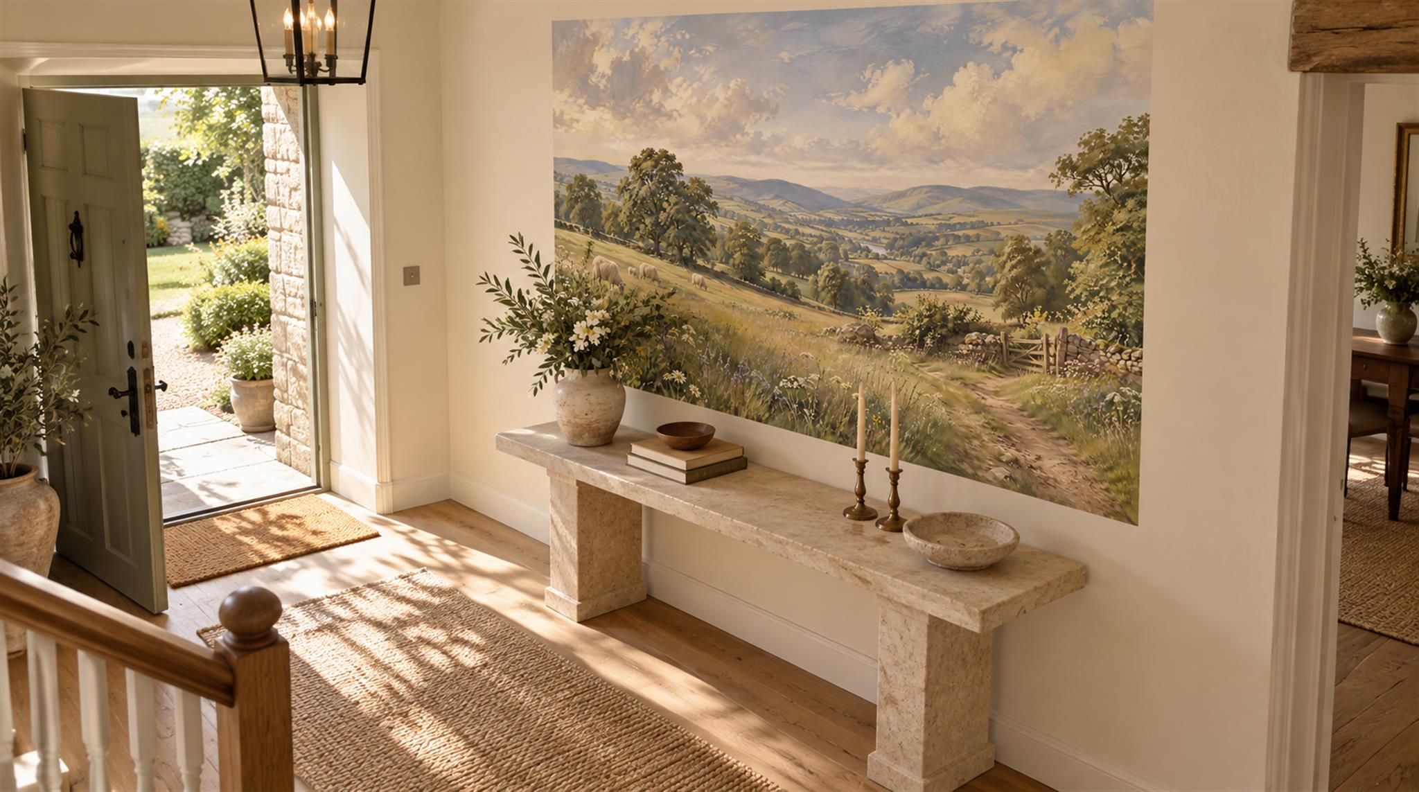 Red And Olive A Painterly Scenic View Painterly Wallpaper Entryway-wallpaper-murals, Peel-and-stick Finish