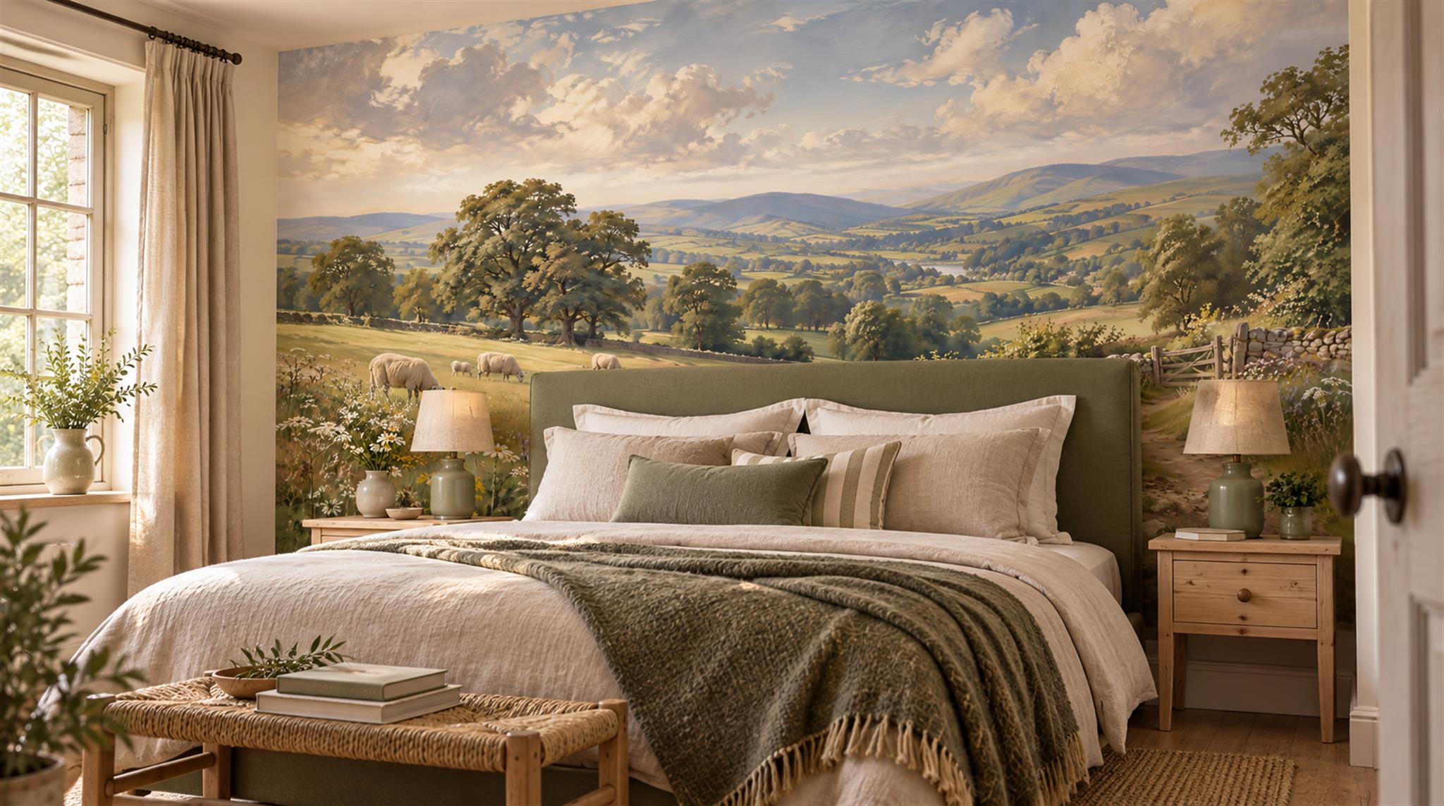 Red And Olive A Painterly Scenic View Painterly Wallpaper Accent-wall-wallpaper-murals, Peel-and-stick Finish