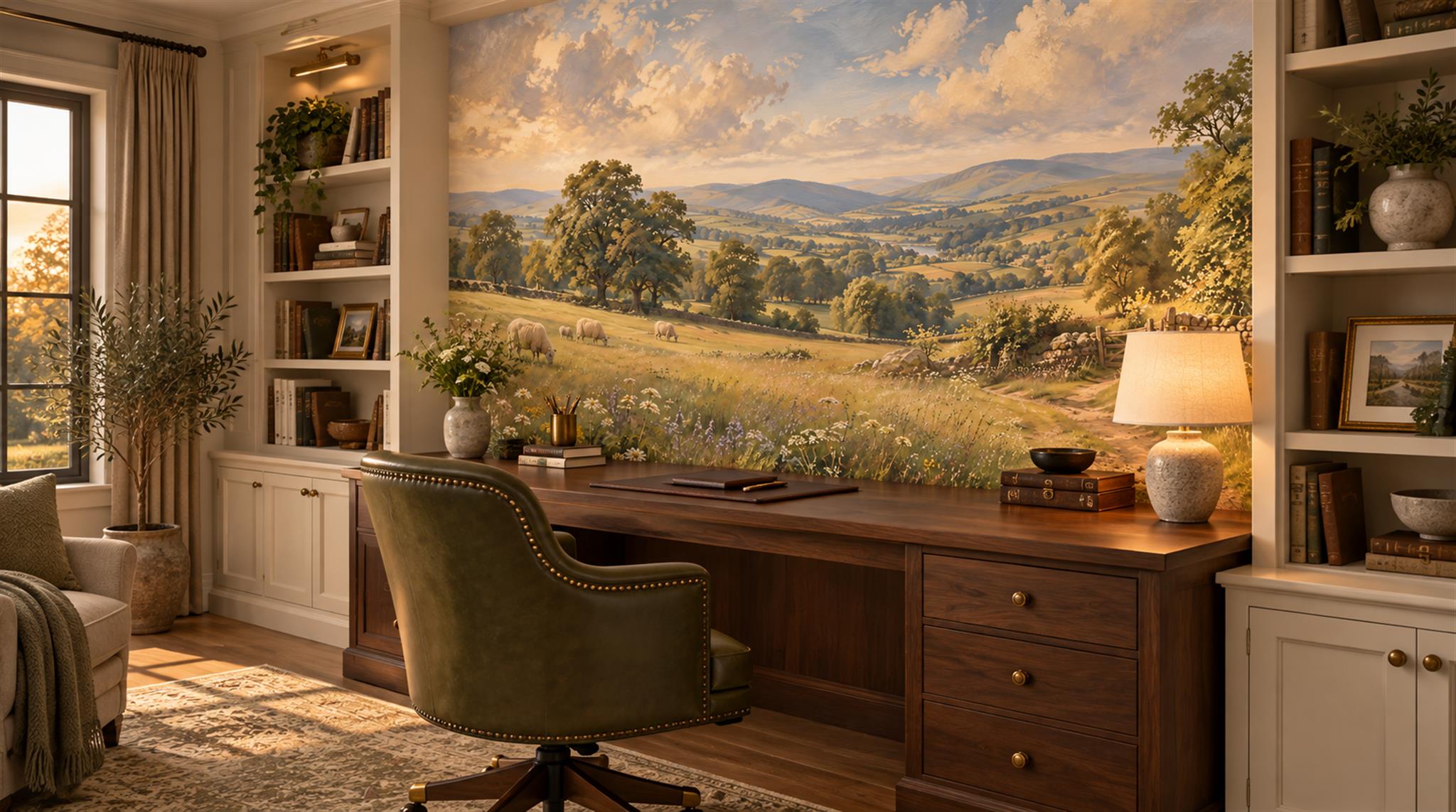 Red And Olive A Painterly Scenic View Painterly Wallpaper Dining-room-wallpaper-murals, Shown In A Dining Room, Peel-and-stick Finish