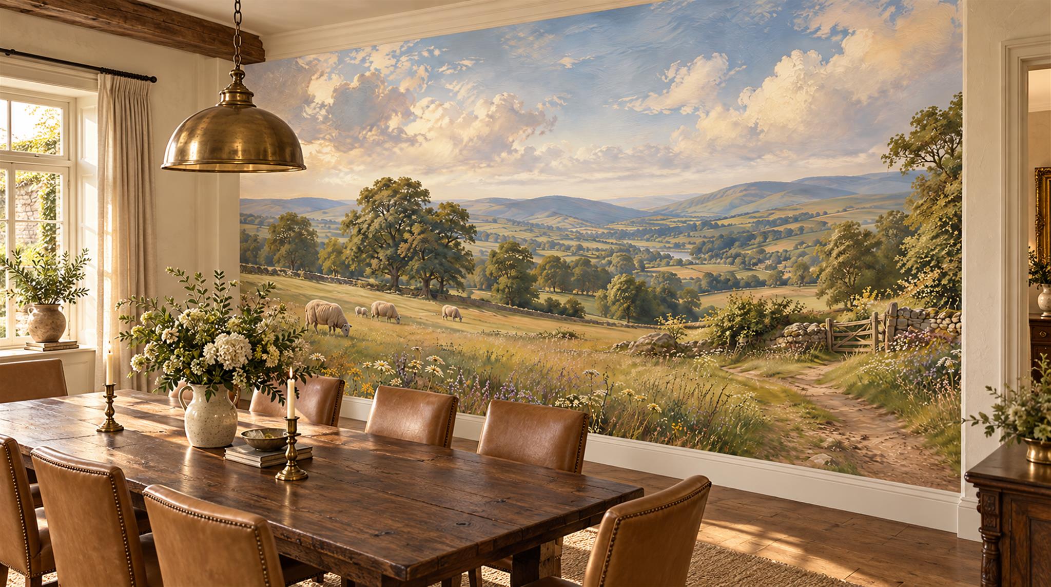 Red And Olive A Painterly Scenic View Painterly Wallpaper Home-office-wallpaper-murals, Shown In A Home Office, Peel-and-stick Finish