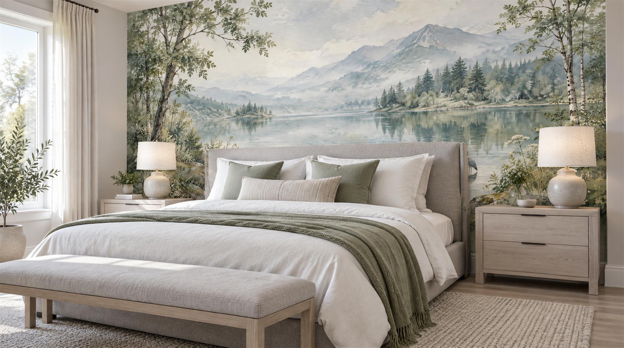 Blue And Neutral A Lakeside View Wallpaper Bedroom-wallpaper-murals, Peel-and-stick Finish