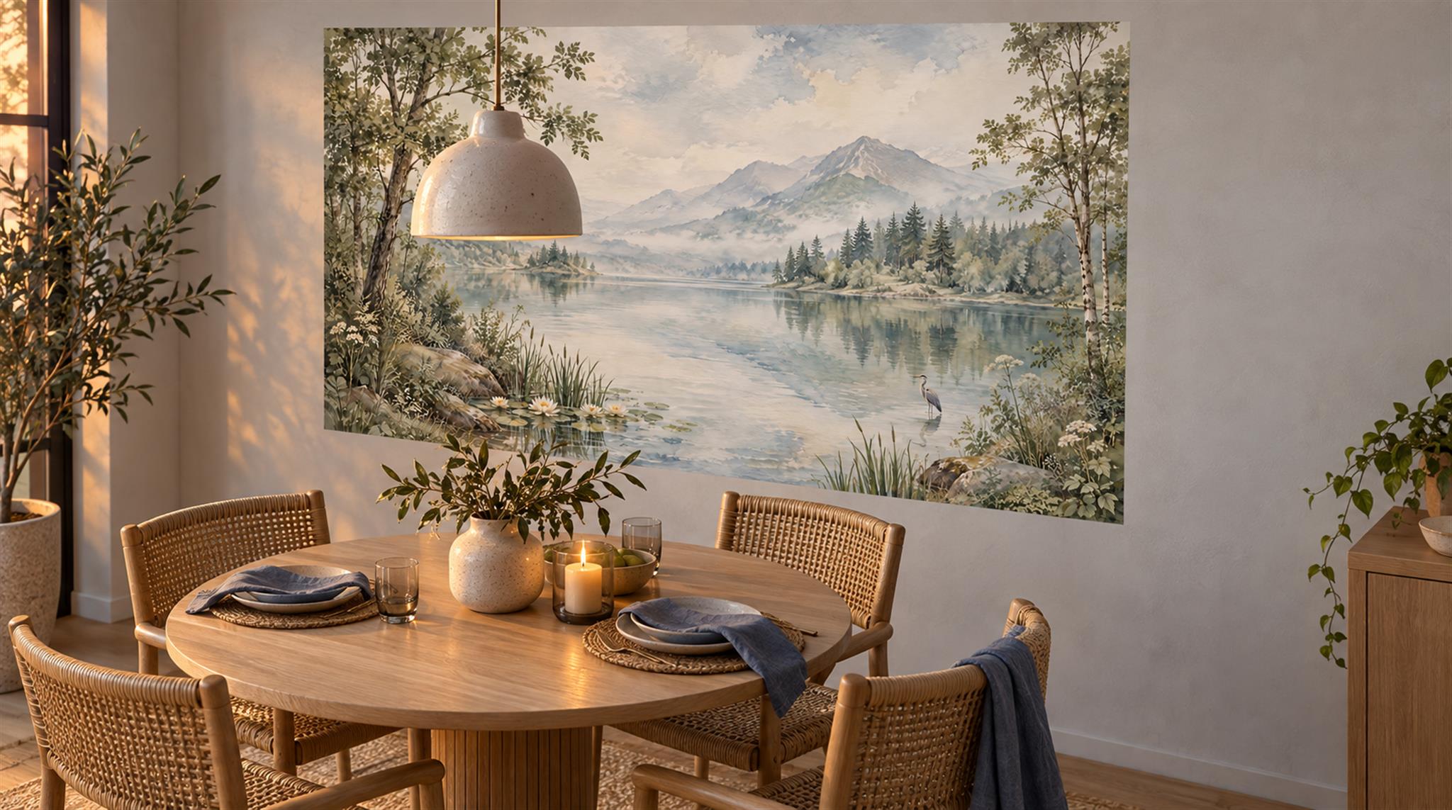 Blue And Neutral A Lakeside View Wallpaper Dining-room-wallpaper-murals, Shown In A Dining Room, Peel-and-stick Finish