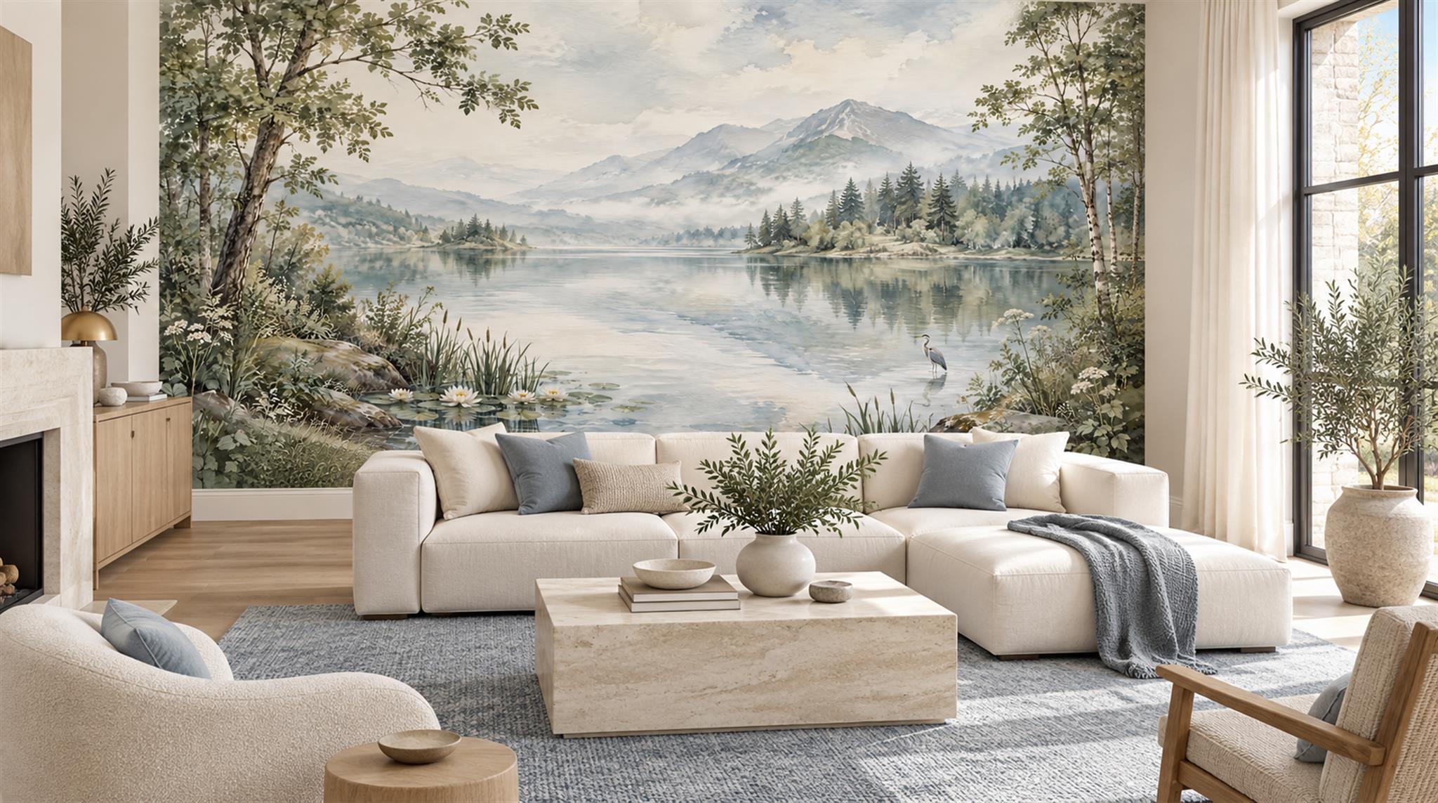 Blue And Neutral A Lakeside View Wallpaper Living-room-wallpaper-murals, Shown In A Living Room, Peel-and-stick Finish