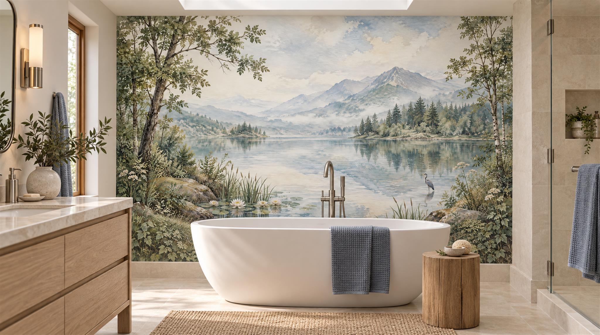 Blue And Neutral A Lakeside View Wallpaper, Peel-and-stick Finish