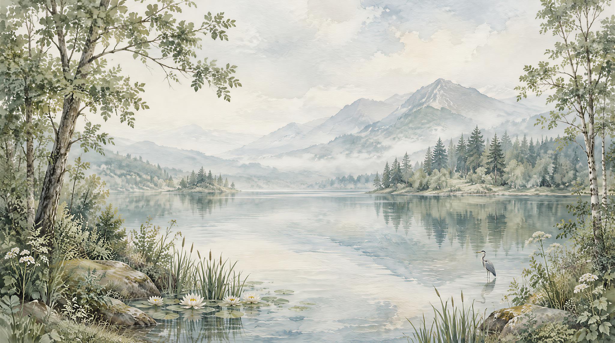 Blue And Neutral A Lakeside View Wallpaper Accent-wall-wallpaper-murals, Peel-and-stick Finish